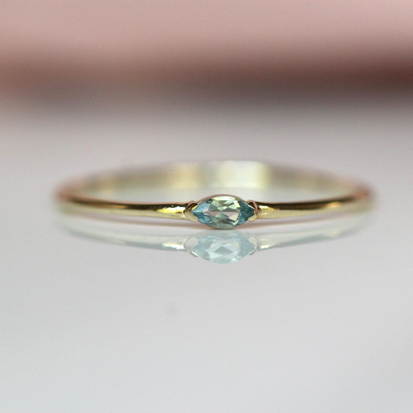 14K Gold Marquise Aquamarine Ring, "Wink" Ring, Stacking Ring, Midi Ring, 10K Promise Ring, Light Blue Stone, Aqua, Solid Gold Stacking Ring