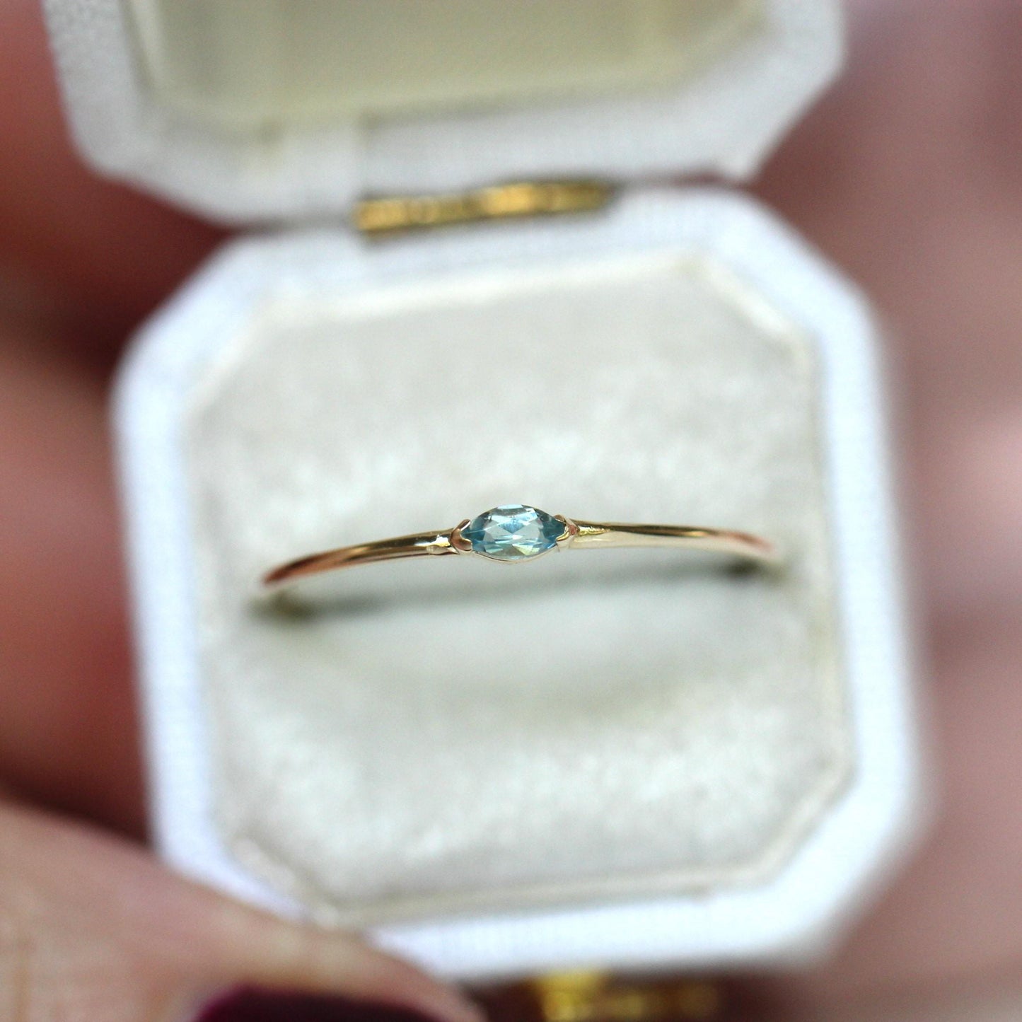 14K Gold Marquise Aquamarine Ring, "Wink" Ring, Stacking Ring, Midi Ring, 10K Promise Ring, Light Blue Stone, Aqua, Solid Gold Stacking Ring