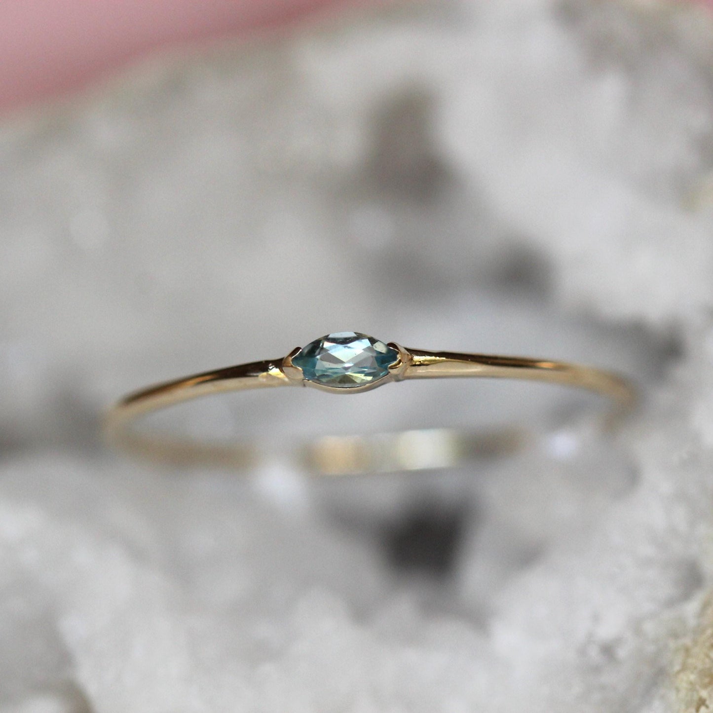 14K Gold Marquise Aquamarine Ring, "Wink" Ring, Stacking Ring, Midi Ring, 10K Promise Ring, Light Blue Stone, Aqua, Solid Gold Stacking Ring