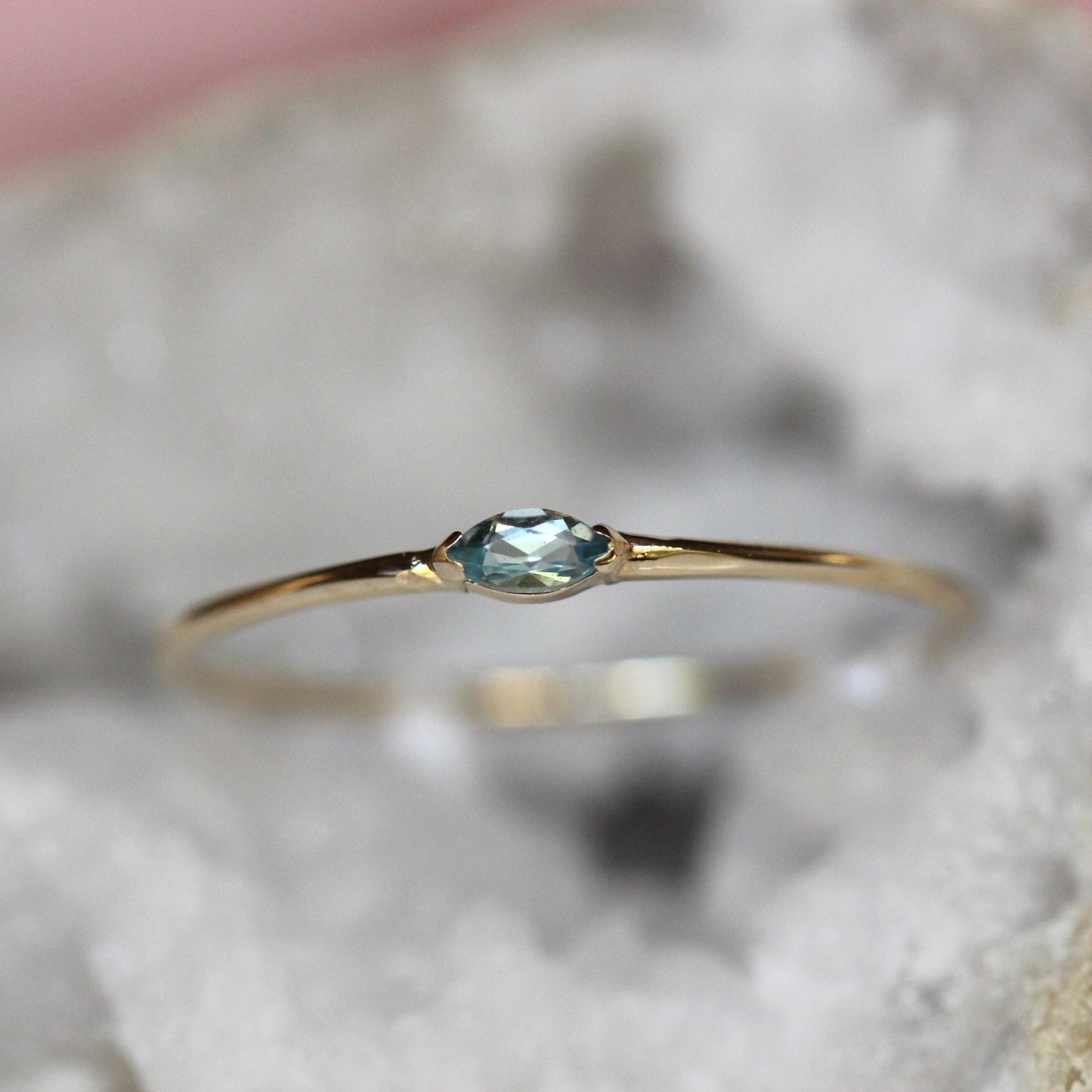 14K Gold Marquise Aquamarine Ring, "Wink" Ring, Stacking Ring, Midi Ring, 10K Promise Ring, Light Blue Stone, Aqua, Solid Gold Stacking Ring