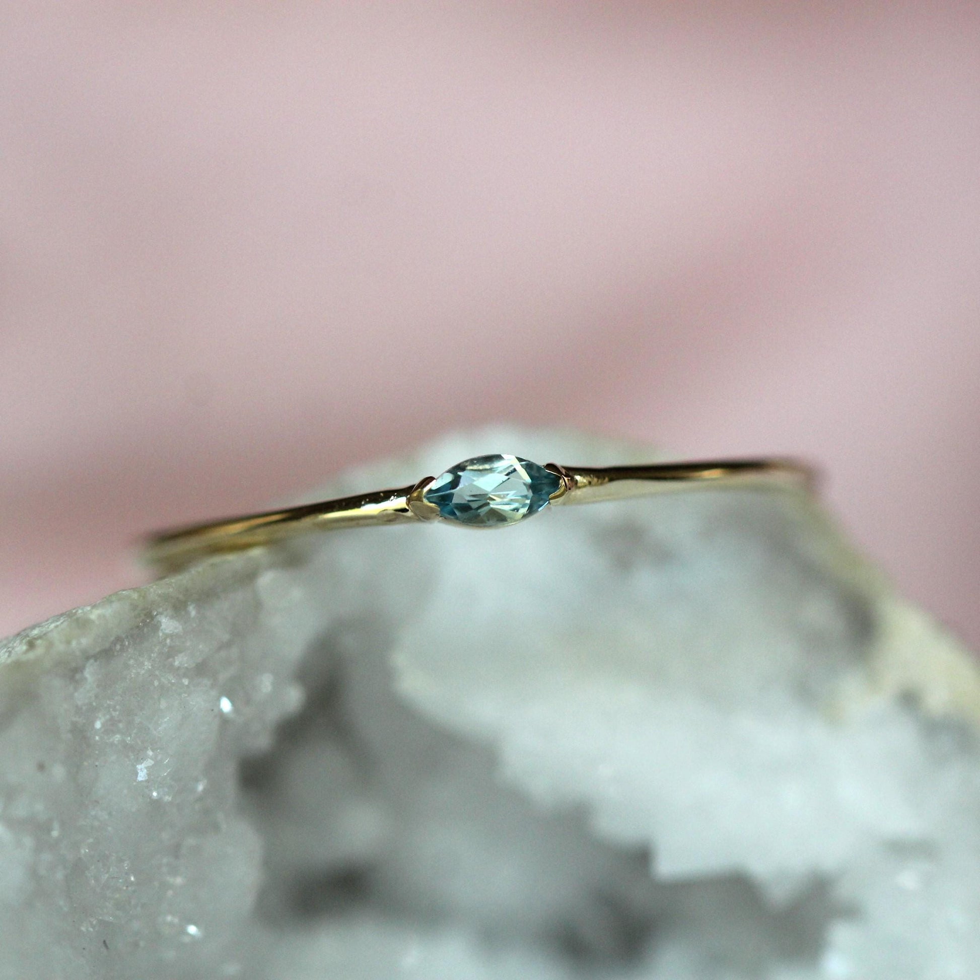 14K Gold Marquise Aquamarine Ring, "Wink" Ring, Stacking Ring, Midi Ring, 10K Promise Ring, Light Blue Stone, Aqua, Solid Gold Stacking Ring