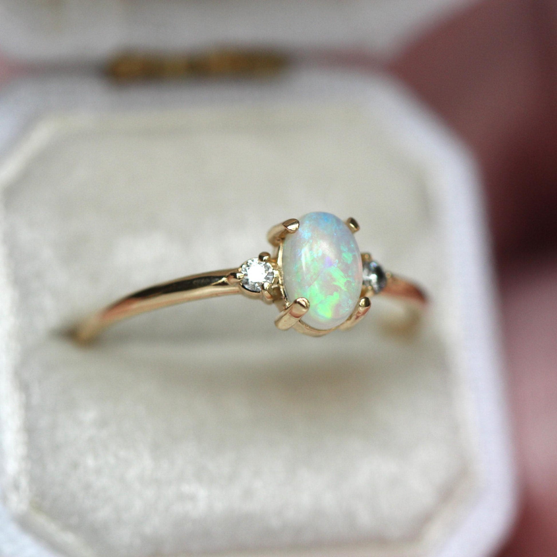 14K Gold Opal Diamond Ring, Three Stone Ring, Multicolor Stone, 10K Australian Opal, October Birthstone, Oval Gemstone, Australian Opal Ring