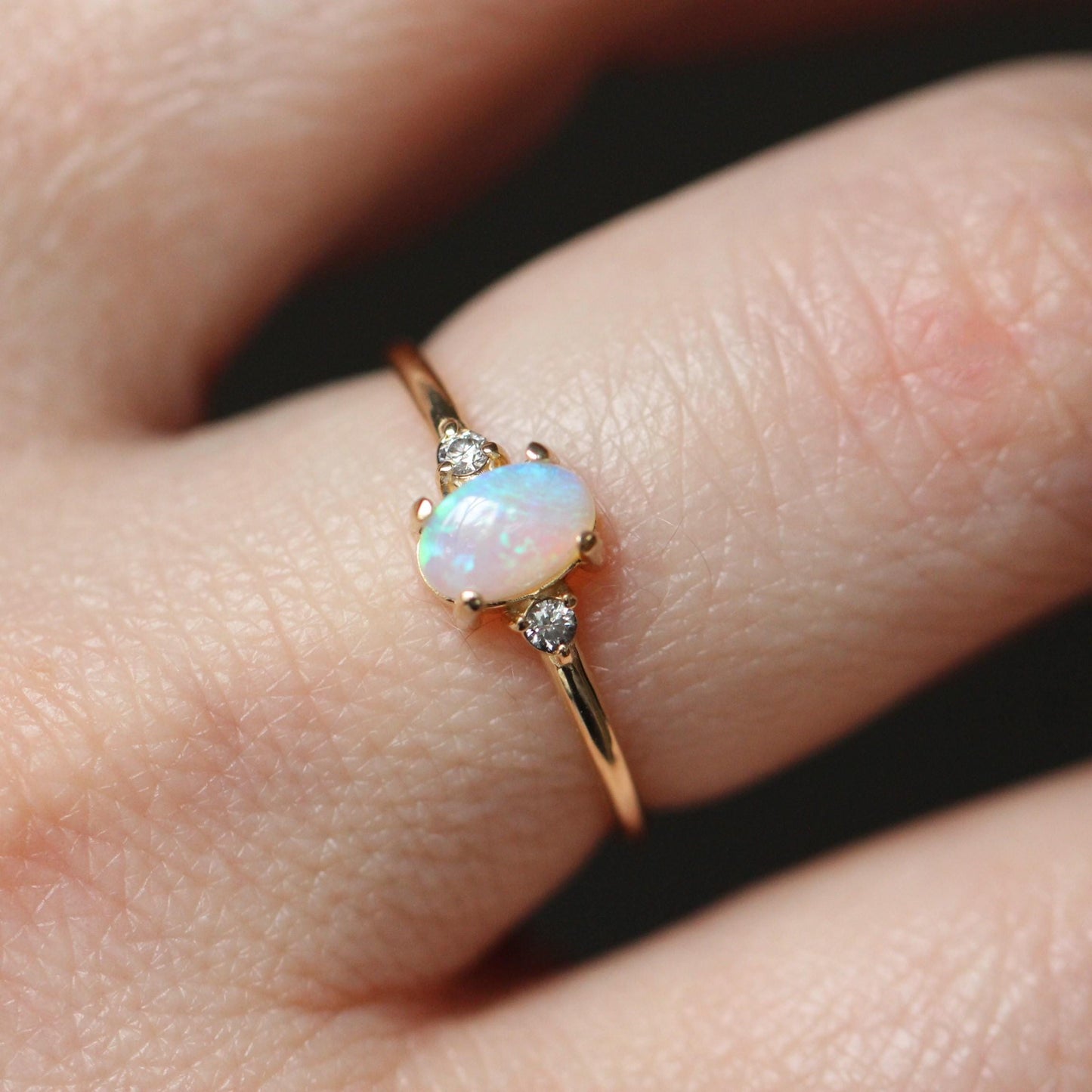 14K Gold Opal Diamond Ring, Three Stone Ring, Multicolor Stone, 10K Australian Opal, October Birthstone, Oval Gemstone, Australian Opal Ring