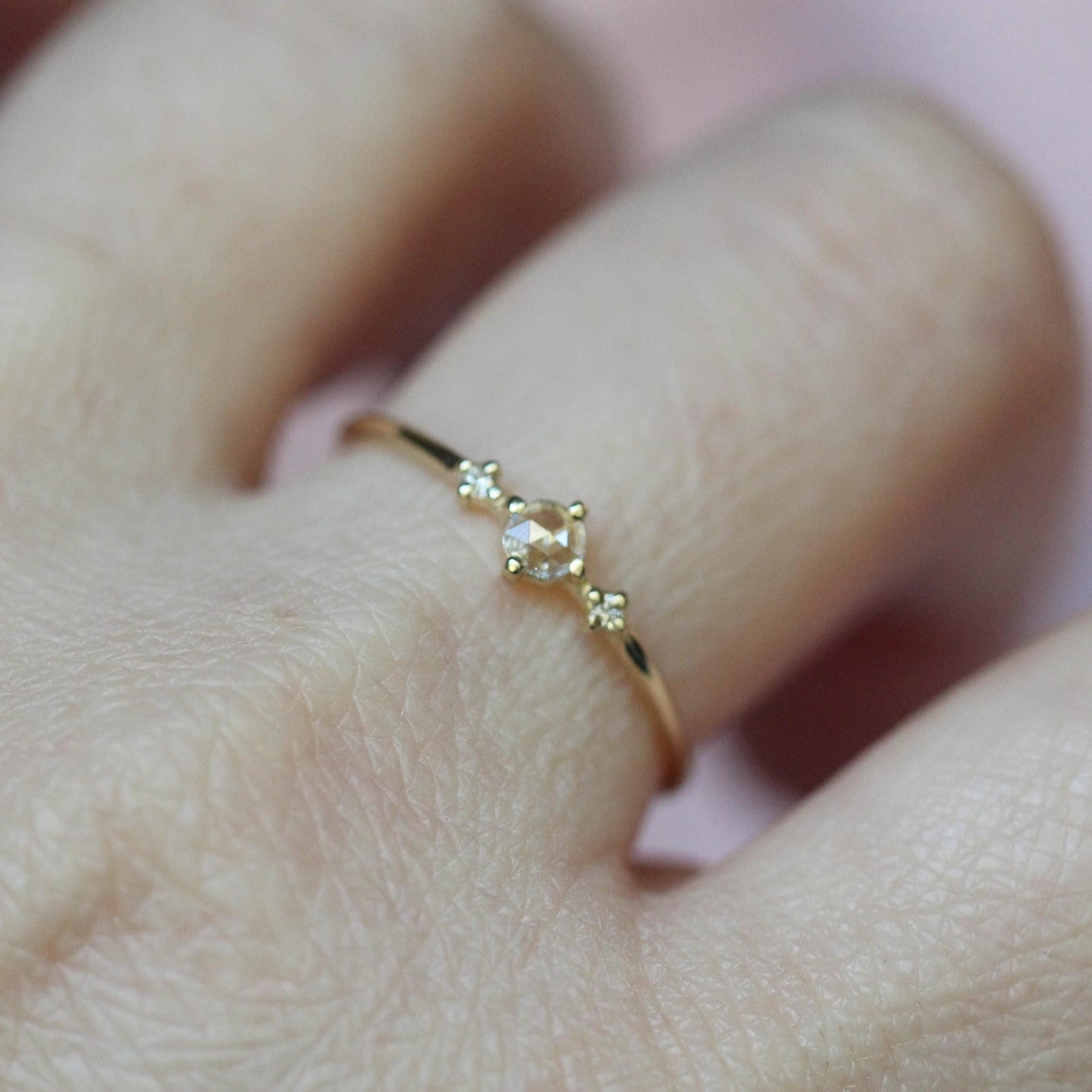 14K Gold Rose Cut Diamond Ring, "Moonlight Drive" Ring, Dainty Engagement Ring, Three Stone Ring, Diamond Ring, Minimal Jewelry, Solid Gold