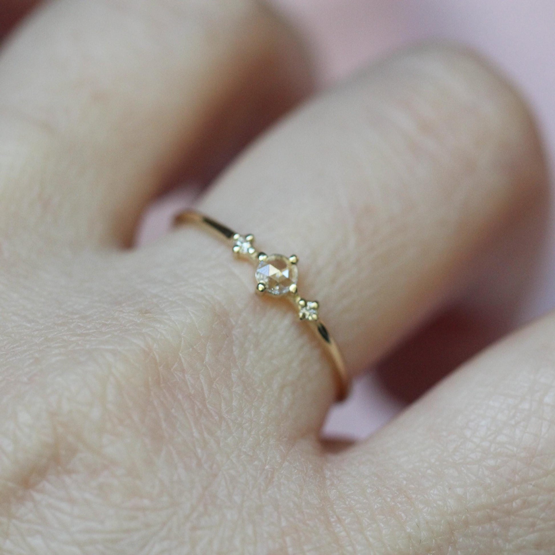 14K Gold Rose Cut Diamond Ring, "Moonlight Drive" Ring, Dainty Engagement Ring, Three Stone Ring, Diamond Ring, Minimal Jewelry, Solid Gold