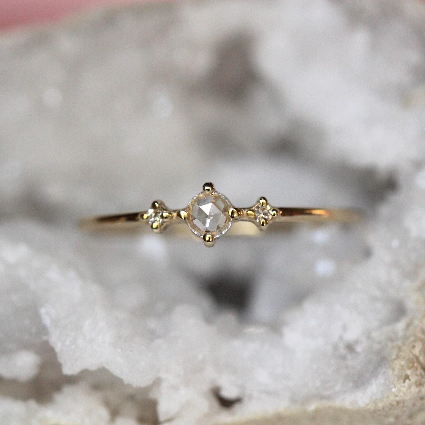 14K Gold Rose Cut Diamond Ring, "Moonlight Drive" Ring, Dainty Engagement Ring, Three Stone Ring, Diamond Ring, Minimal Jewelry, Solid Gold