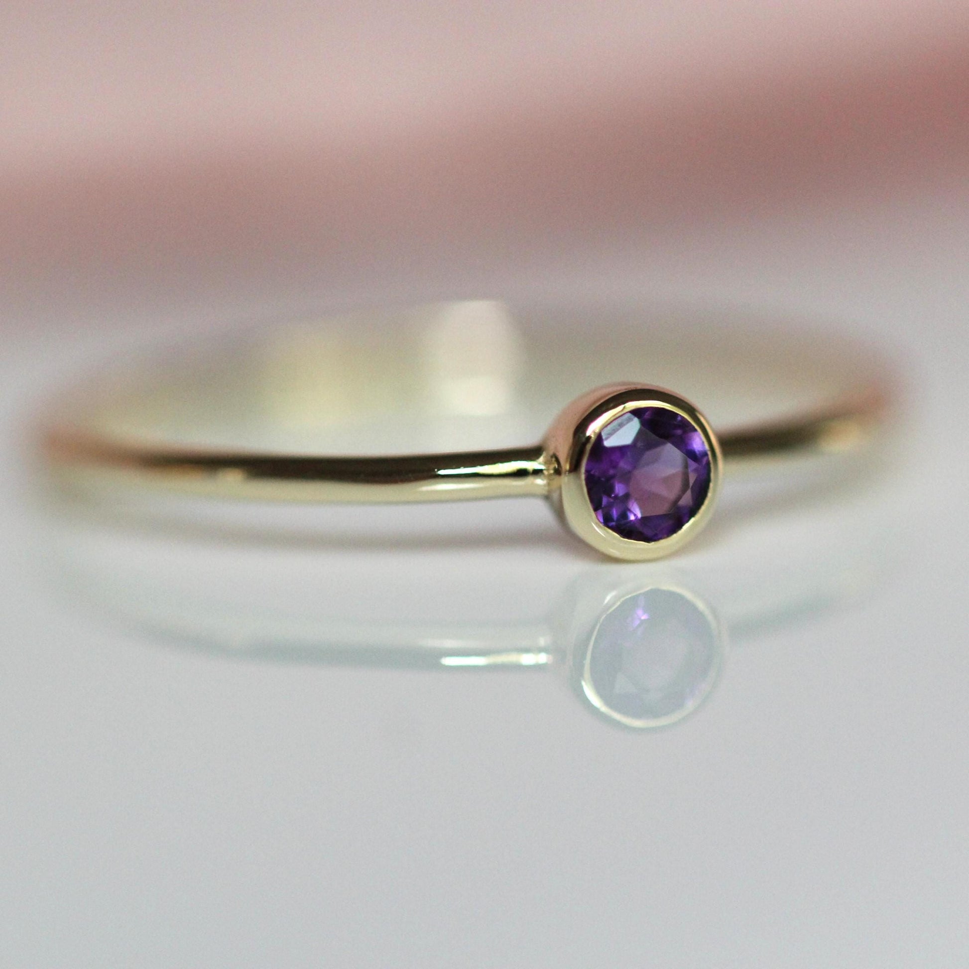 14K Gold Amethyst Bezel Ring, February Birthstone, Purple Stone Ring, Stacking Ring, Solitaire Ring, Gift for Her, 3mm Stone, 10K Gold