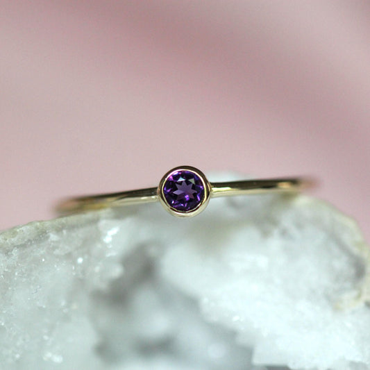 14K Gold Amethyst Bezel Ring, February Birthstone, Purple Stone Ring, Stacking Ring, Solitaire Ring, Gift for Her, 3mm Stone, 10K Gold