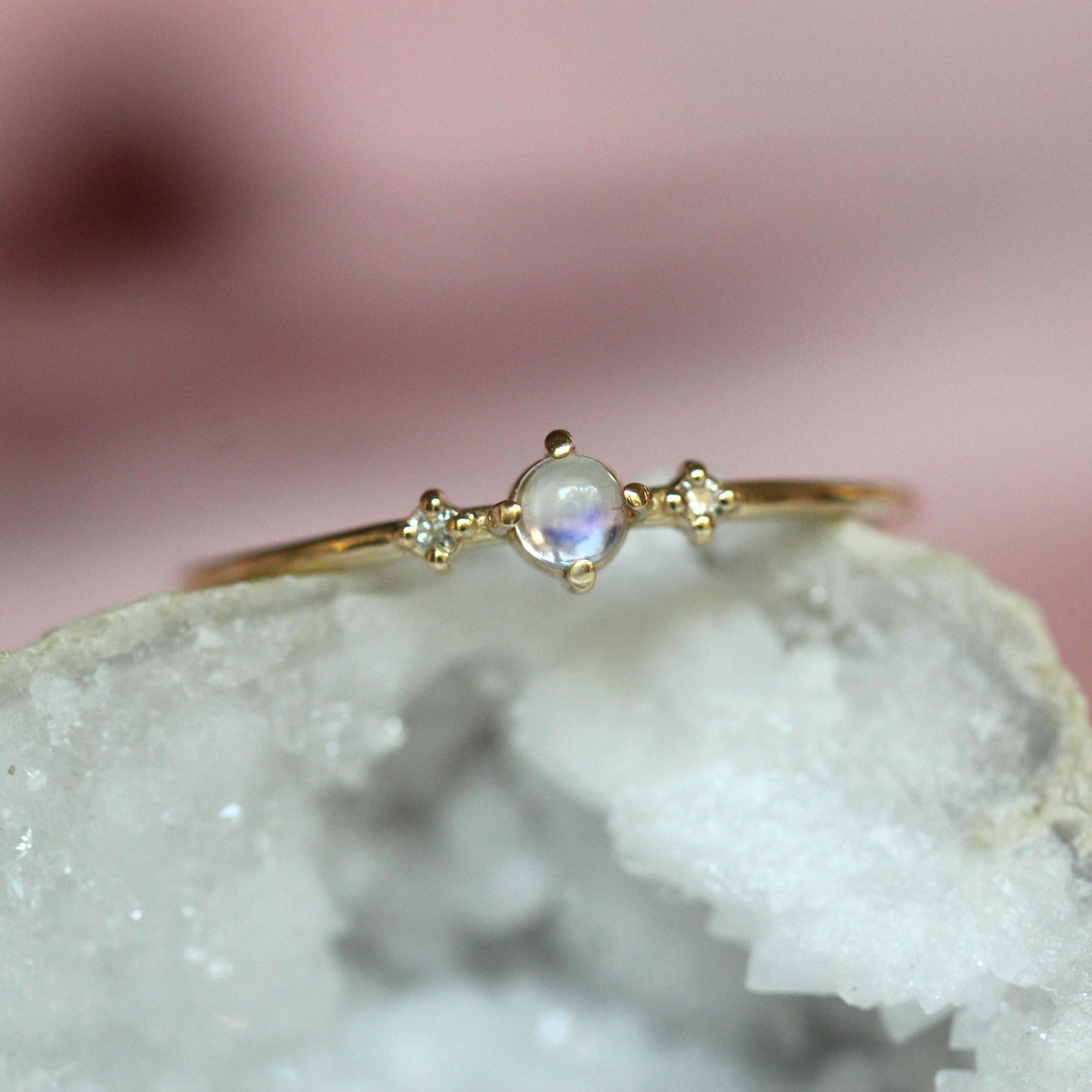 14K Gold Moonstone Diamond Ring, "Moonlight Drive" Ring, Moonstone Ring, Dainty Ring, Smooth Moonstone, Rainbow Moonstone, Blue Flash, 10K
