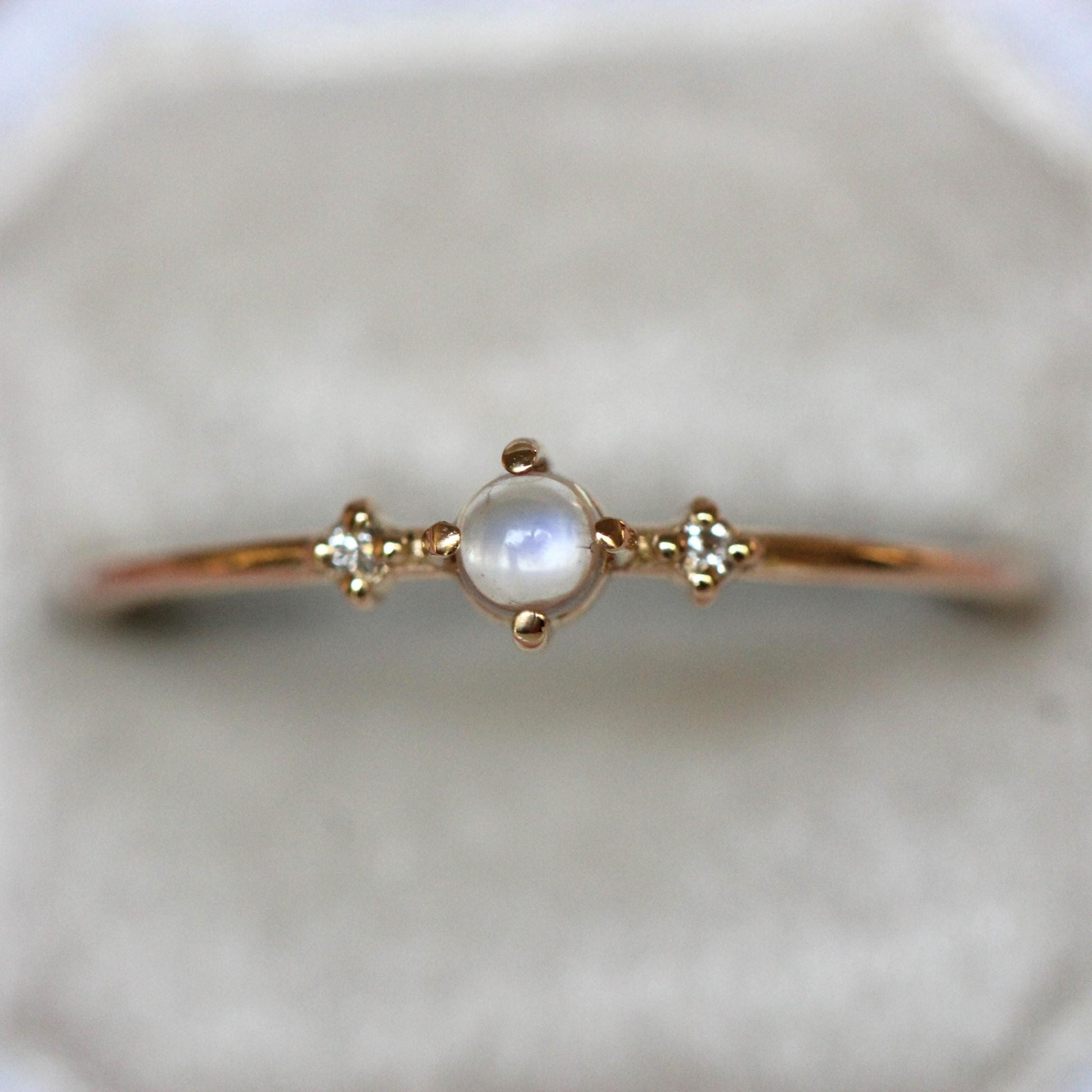 14K Gold Moonstone Diamond Ring, "Moonlight Drive" Ring, Moonstone Ring, Dainty Ring, Smooth Moonstone, Rainbow Moonstone, Blue Flash, 10K