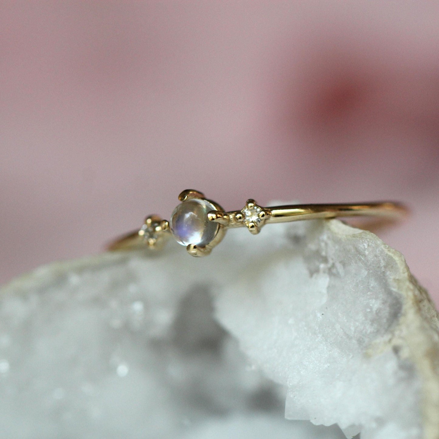 14K Gold Moonstone Diamond Ring, "Moonlight Drive" Ring, Moonstone Ring, Dainty Ring, Smooth Moonstone, Rainbow Moonstone, Blue Flash, 10K