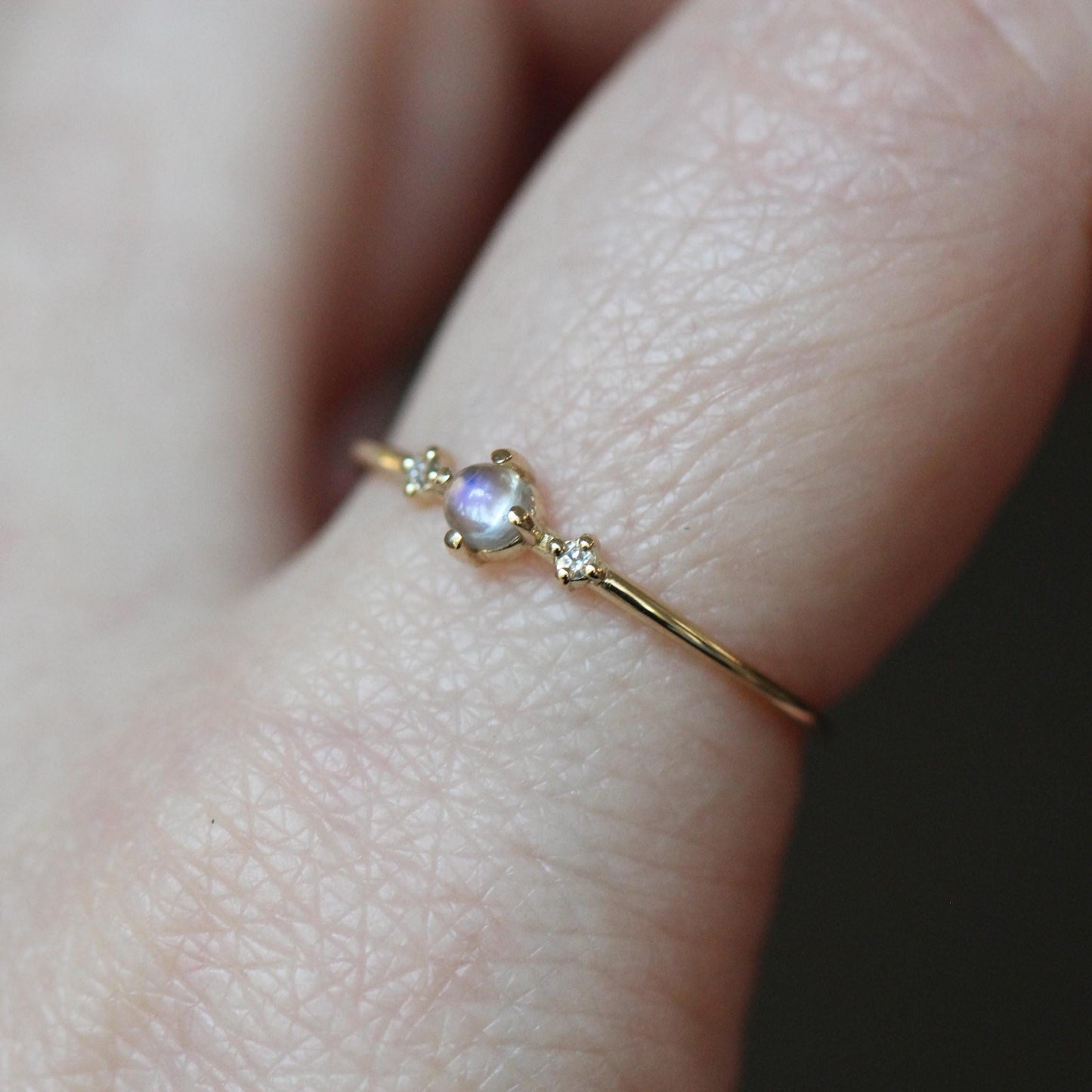 14K Gold Moonstone Diamond Ring, "Moonlight Drive" Ring, Moonstone Ring, Dainty Ring, Smooth Moonstone, Rainbow Moonstone, Blue Flash, 10K