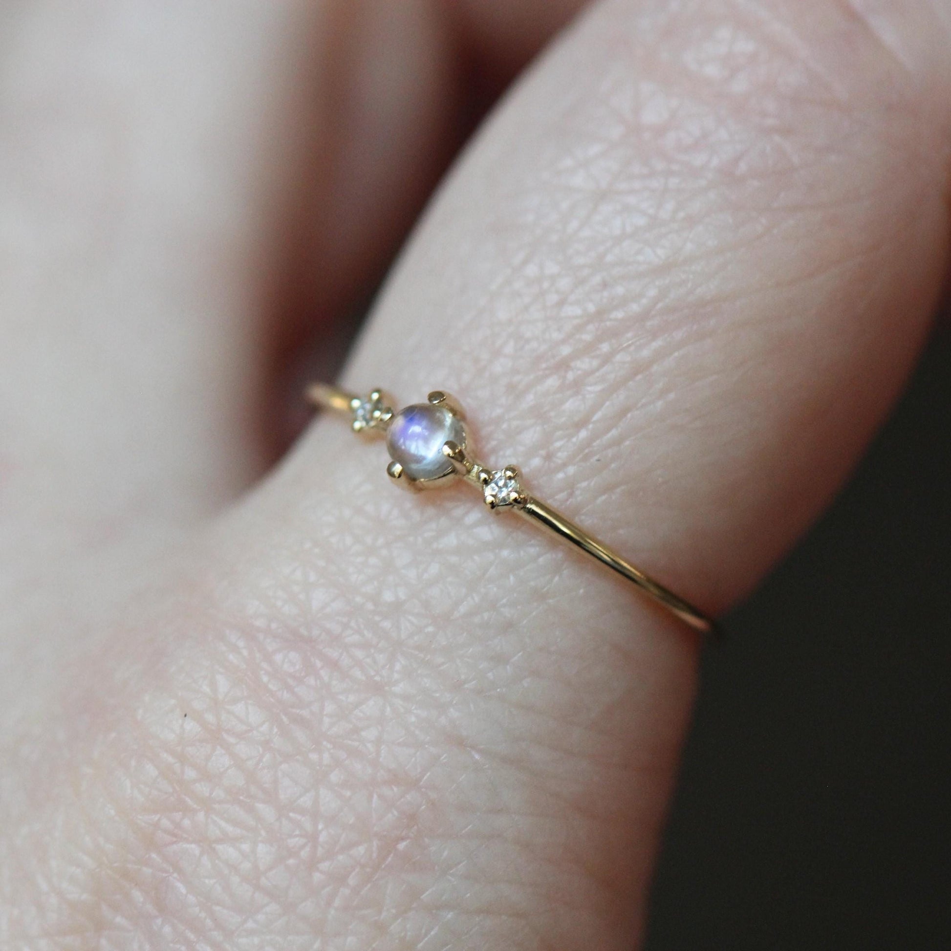 14K Gold Moonstone Diamond Ring, "Moonlight Drive" Ring, Moonstone Ring, Dainty Ring, Smooth Moonstone, Rainbow Moonstone, Blue Flash, 10K
