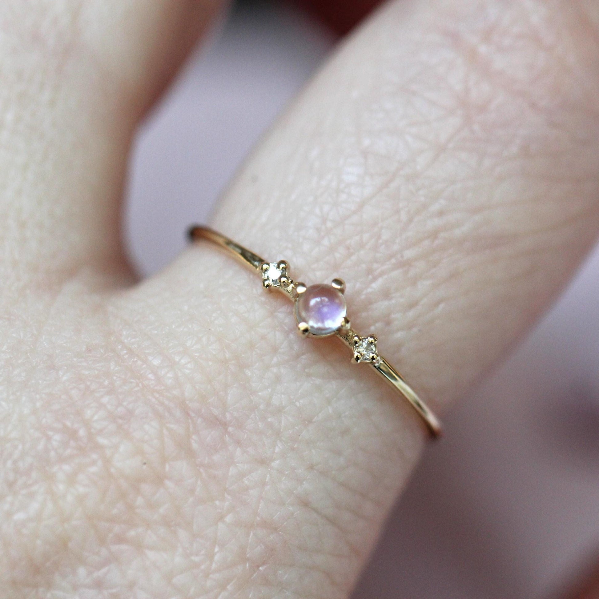 14K Gold Moonstone Diamond Ring, "Moonlight Drive" Ring, Moonstone Ring, Dainty Ring, Smooth Moonstone, Rainbow Moonstone, Blue Flash, 10K