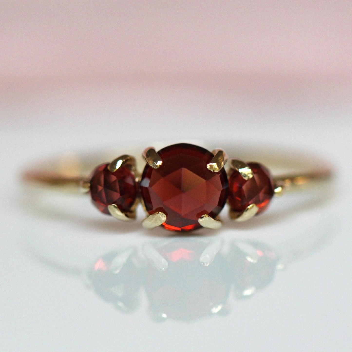 14K Gold Garnet Ring, Three Stone Ring, Rose Cut Garnet, 10K January Birthstone, Triple Stone Ring, Red Stone, Rose-cut Stone