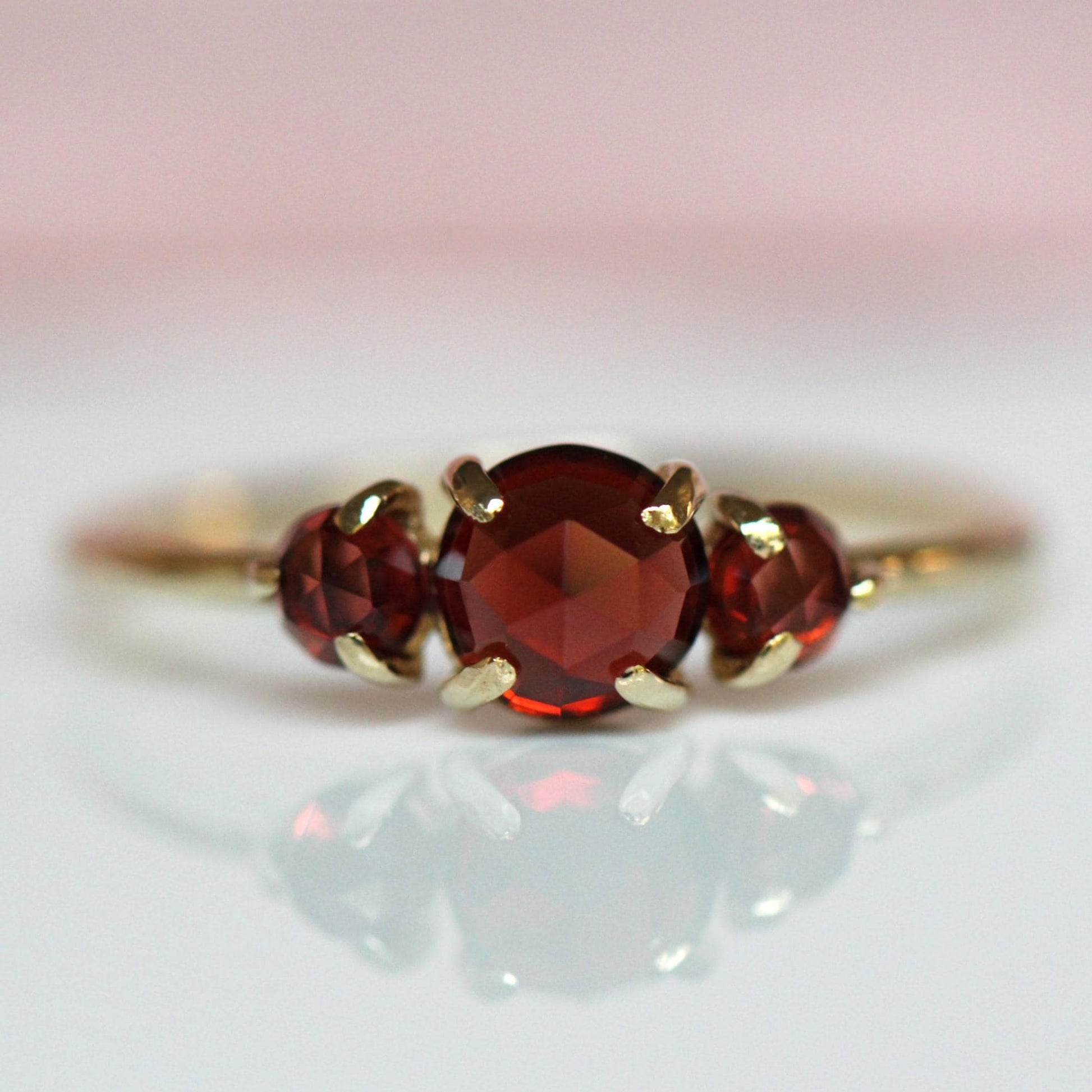 14K Gold Garnet Ring, Three Stone Ring, Rose Cut Garnet, 10K January Birthstone, Triple Stone Ring, Red Stone, Rose-cut Stone