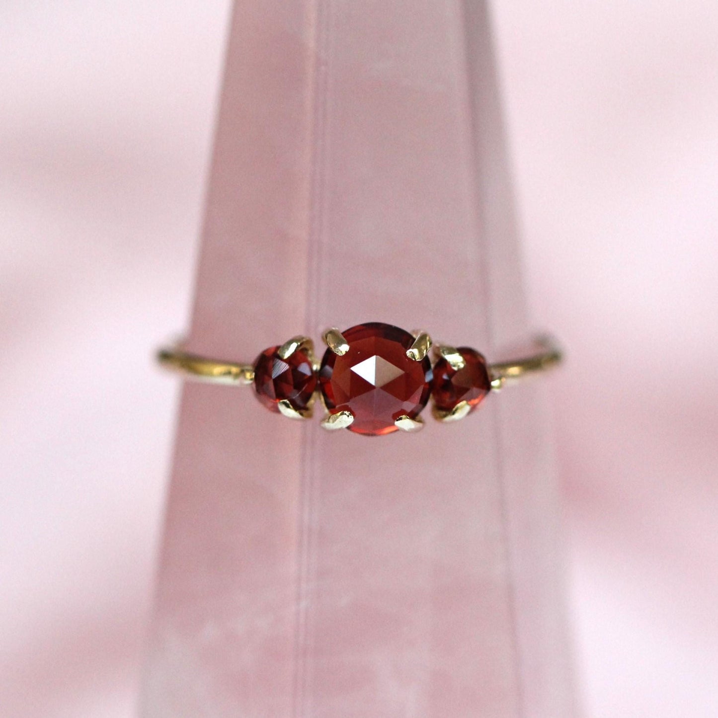 14K Gold Garnet Ring, Three Stone Ring, Rose Cut Garnet, 10K January Birthstone, Triple Stone Ring, Red Stone, Rose-cut Stone