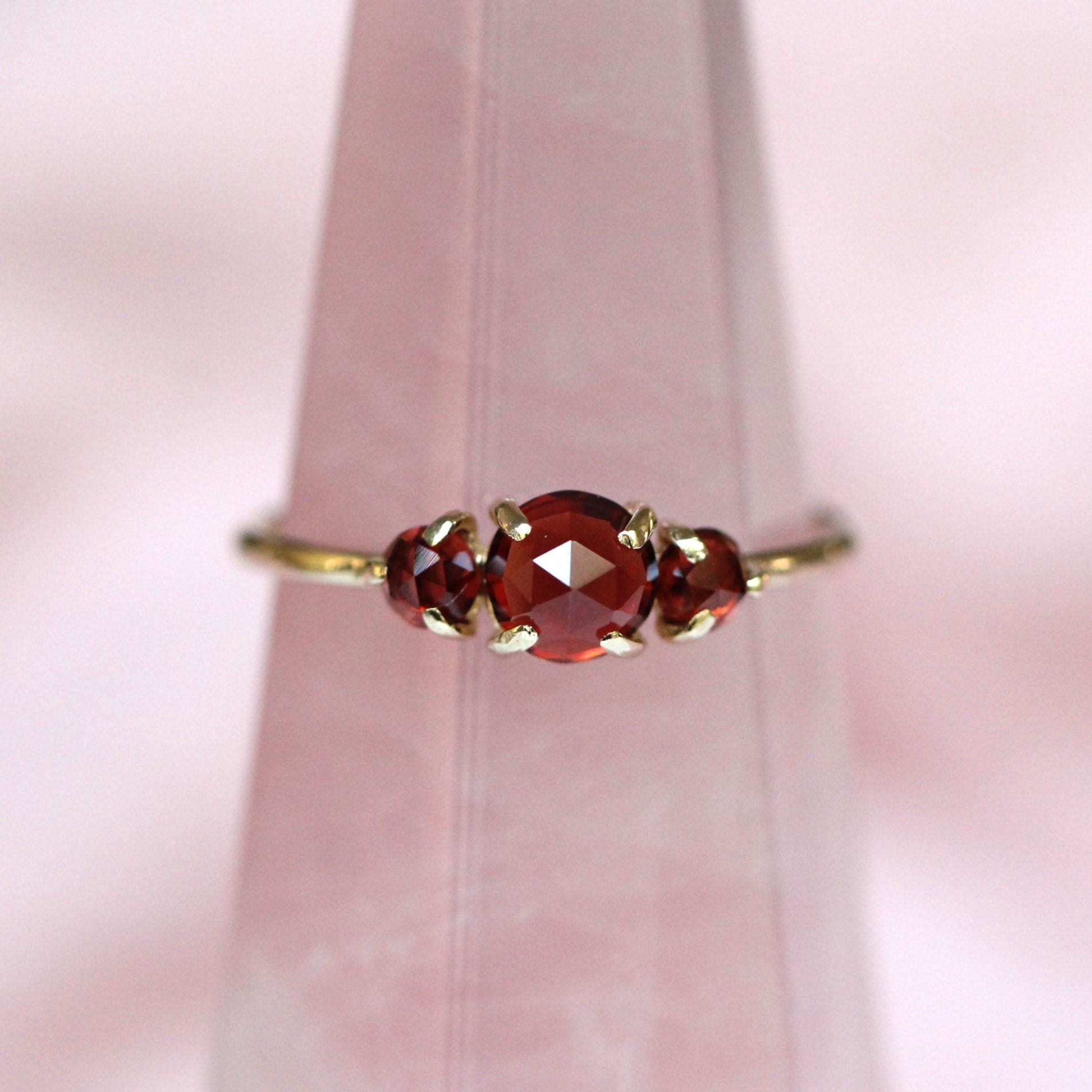 14K Gold Garnet Ring, Three Stone Ring, Rose Cut Garnet, 10K January Birthstone, Triple Stone Ring, Red Stone, Rose-cut Stone