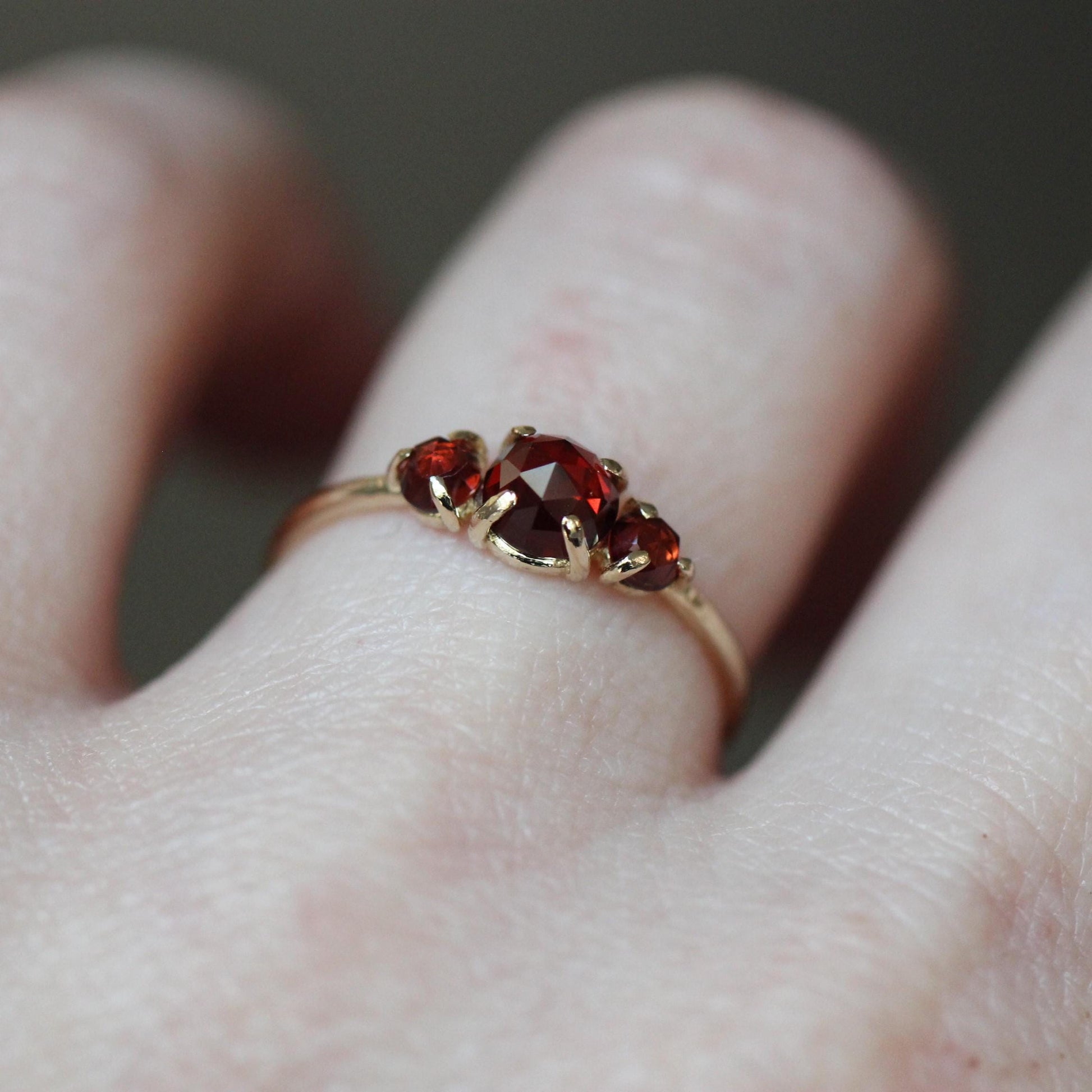14K Gold Garnet Ring, Three Stone Ring, Rose Cut Garnet, 10K January Birthstone, Triple Stone Ring, Red Stone, Rose-cut Stone