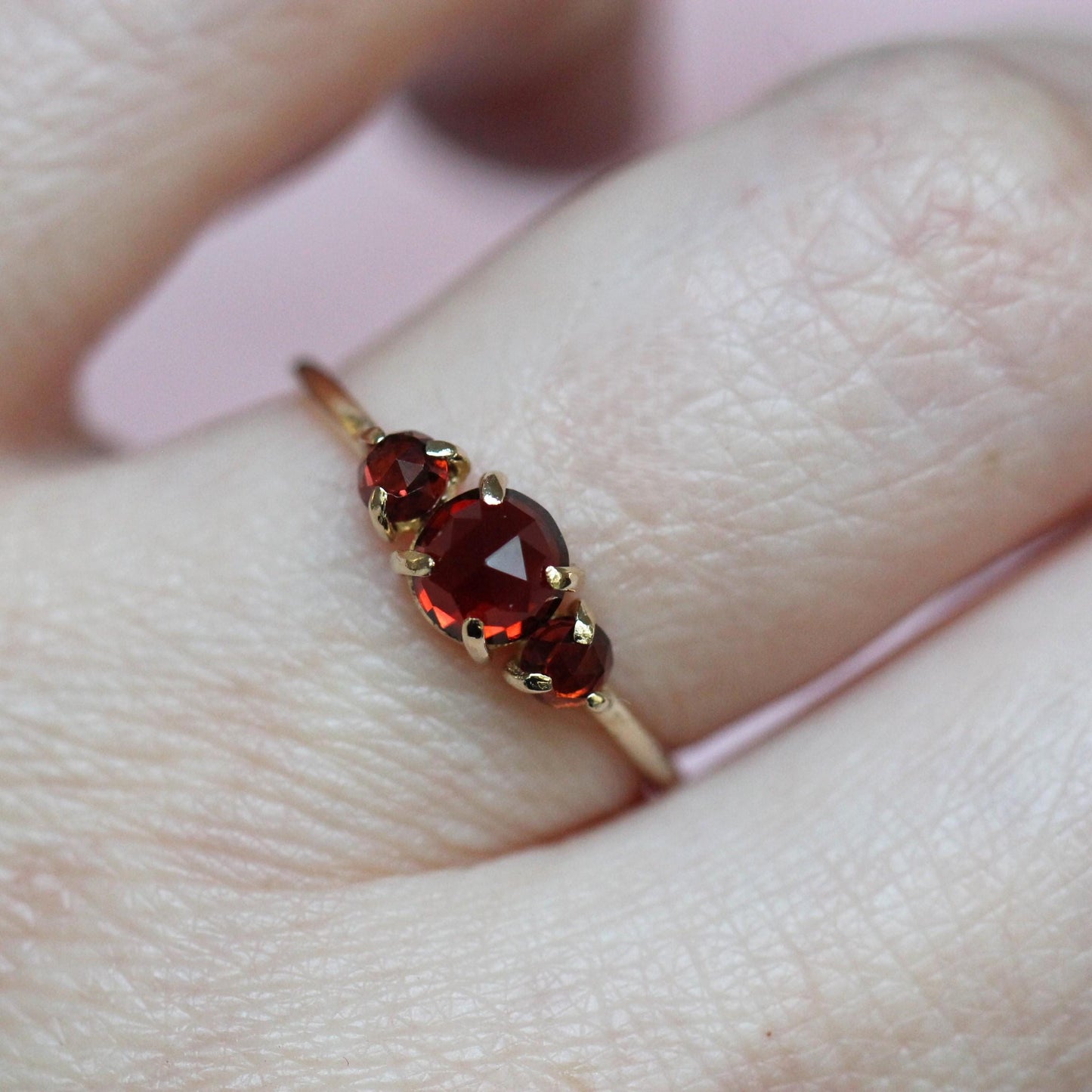 14K Gold Garnet Ring, Three Stone Ring, Rose Cut Garnet, 10K January Birthstone, Triple Stone Ring, Red Stone, Rose-cut Stone
