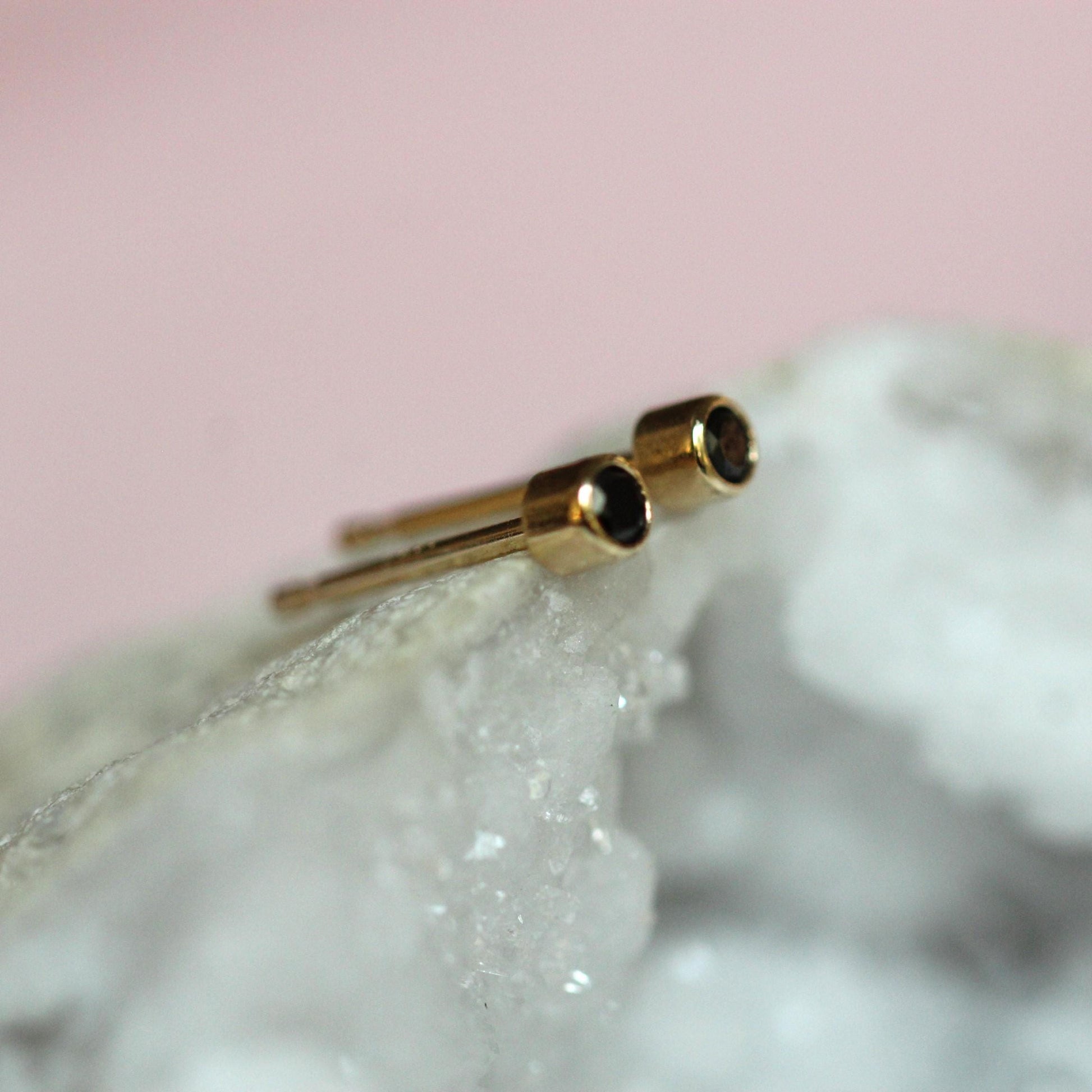 14K Gold Black Diamond Bezel Studs, Second Hold Stud, Diamond Earrings, Everyday Wear, Solid Gold, Post Studs, Round Stone, Tube Bezel Stud