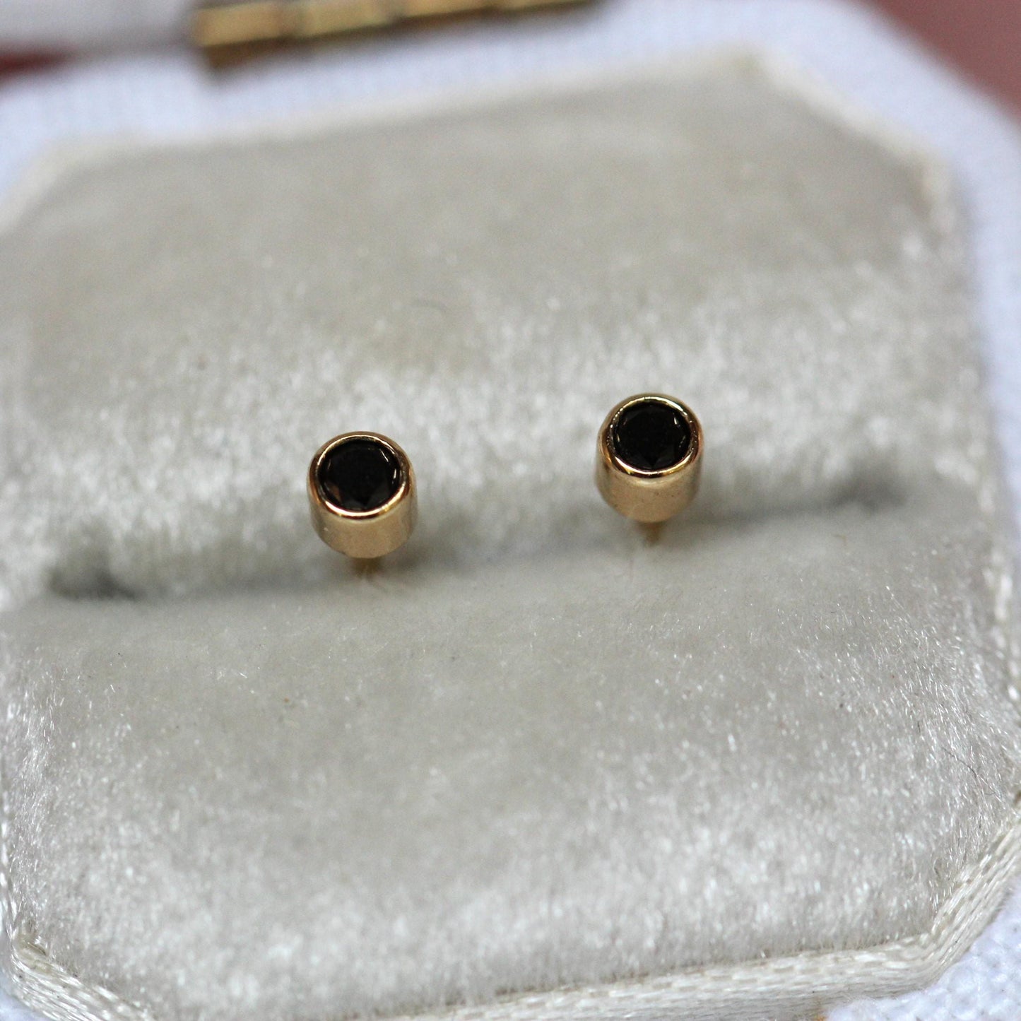14K Gold Black Diamond Bezel Studs, Second Hold Stud, Diamond Earrings, Everyday Wear, Solid Gold, Post Studs, Round Stone, Tube Bezel Stud
