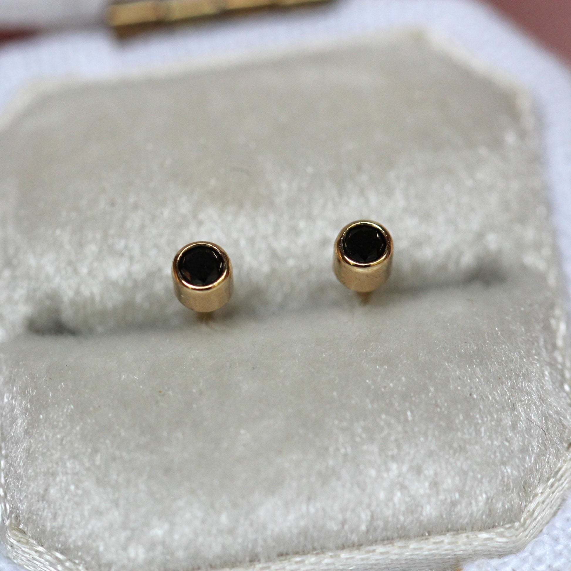 14K Gold Black Diamond Bezel Studs, Second Hold Stud, Diamond Earrings, Everyday Wear, Solid Gold, Post Studs, Round Stone, Tube Bezel Stud