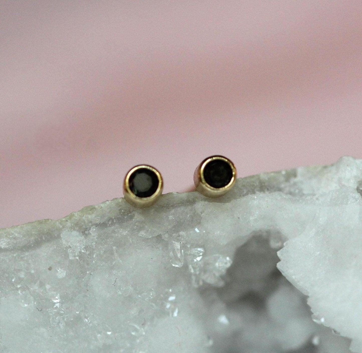 14K Gold Black Diamond Bezel Studs, Second Hold Stud, Diamond Earrings, Everyday Wear, Solid Gold, Post Studs, Round Stone, Tube Bezel Stud