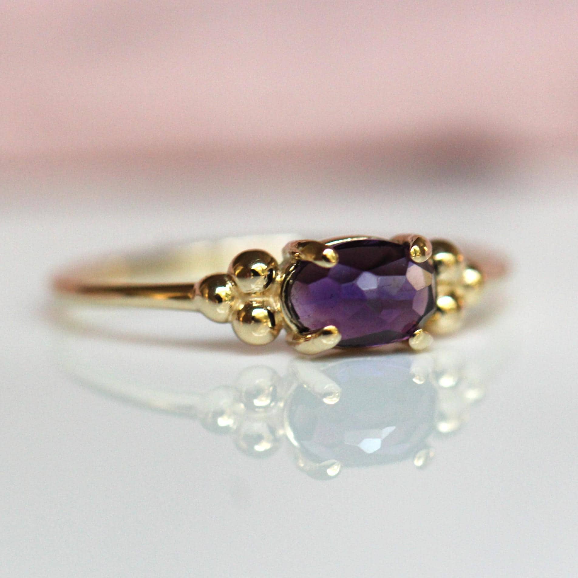 14K Triple Bead Amethyst Ring, Oval Amethyst, Gemstone Ring, February Birthstone, Purple Stone, Accented Ring, Oval Gemstone, 10K, Rose-cut