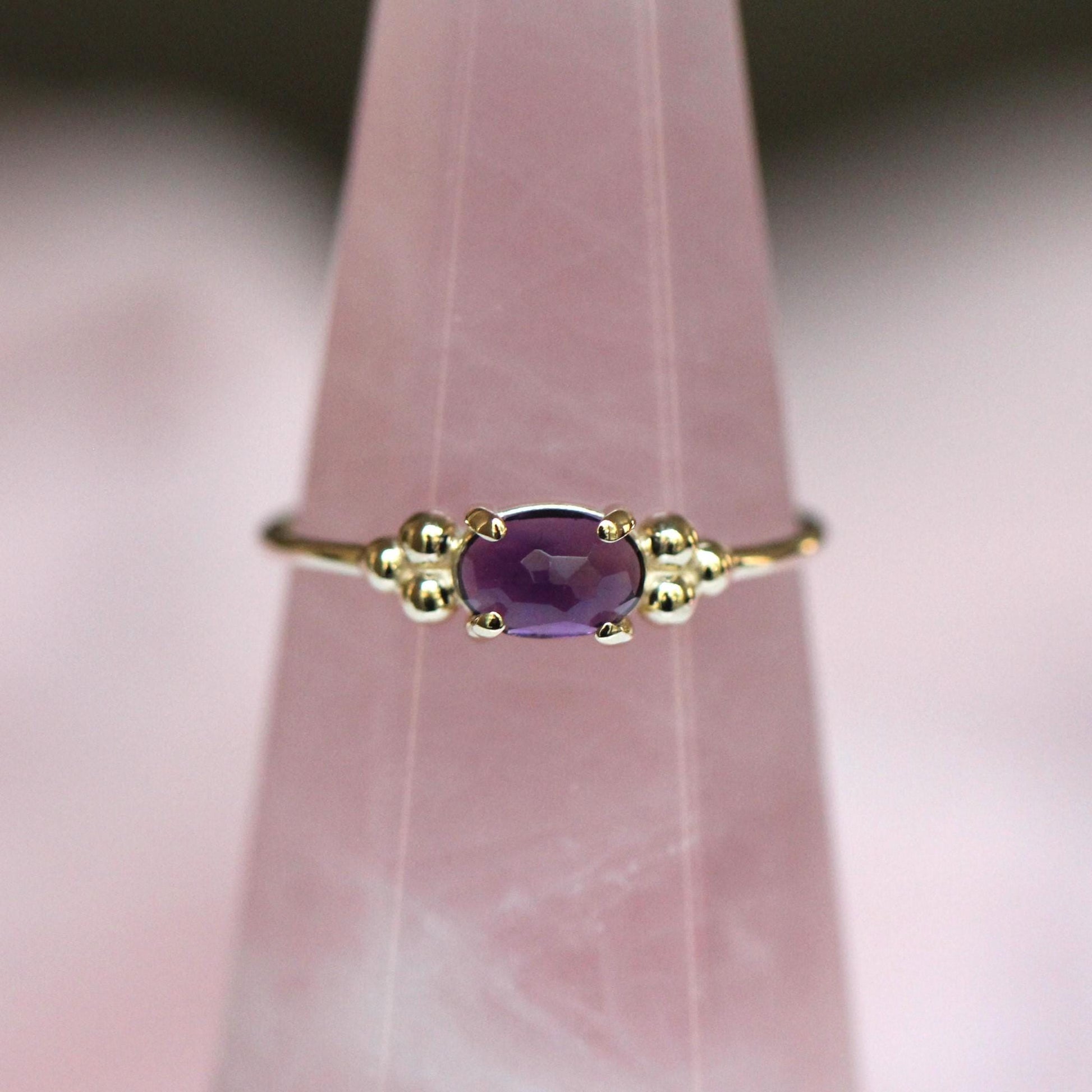 14K Triple Bead Amethyst Ring, Oval Amethyst, Gemstone Ring, February Birthstone, Purple Stone, Accented Ring, Oval Gemstone, 10K, Rose-cut