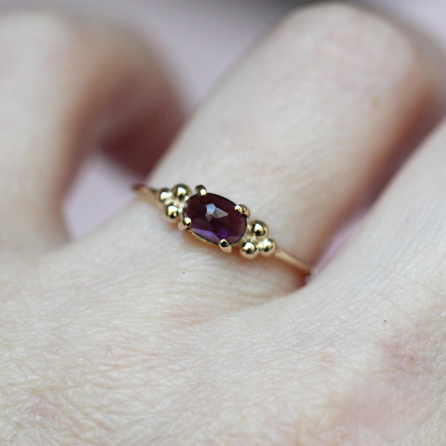 14K Triple Bead Amethyst Ring, Oval Amethyst, Gemstone Ring, February Birthstone, Purple Stone, Accented Ring, Oval Gemstone, 10K, Rose-cut