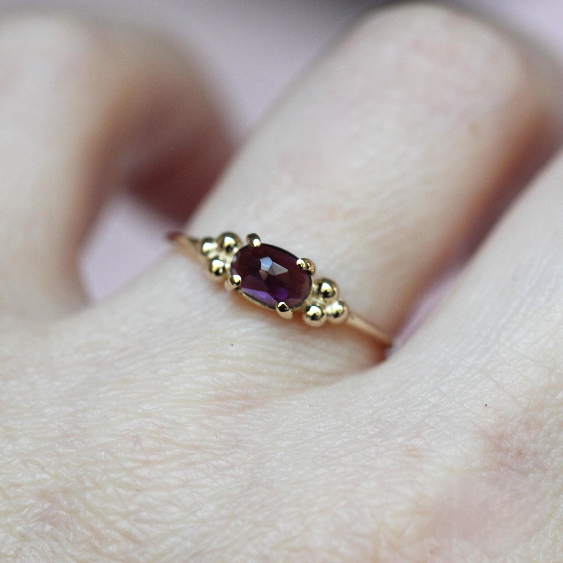 14K Triple Bead Amethyst Ring, Oval Amethyst, Gemstone Ring, February Birthstone, Purple Stone, Accented Ring, Oval Gemstone, 10K, Rose-cut