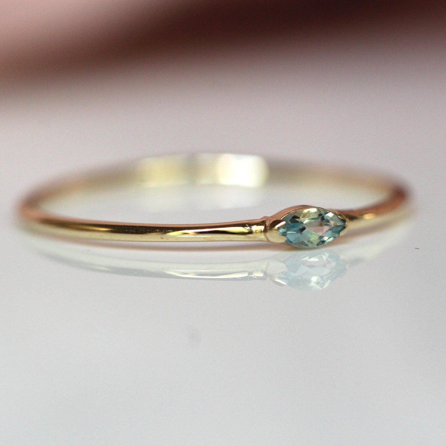 14K Gold Marquise Aquamarine Ring, "Wink" Ring, Stacking Ring, Midi Ring, 10K Promise Ring, Light Blue Stone, Aqua, Solid Gold Stacking Ring