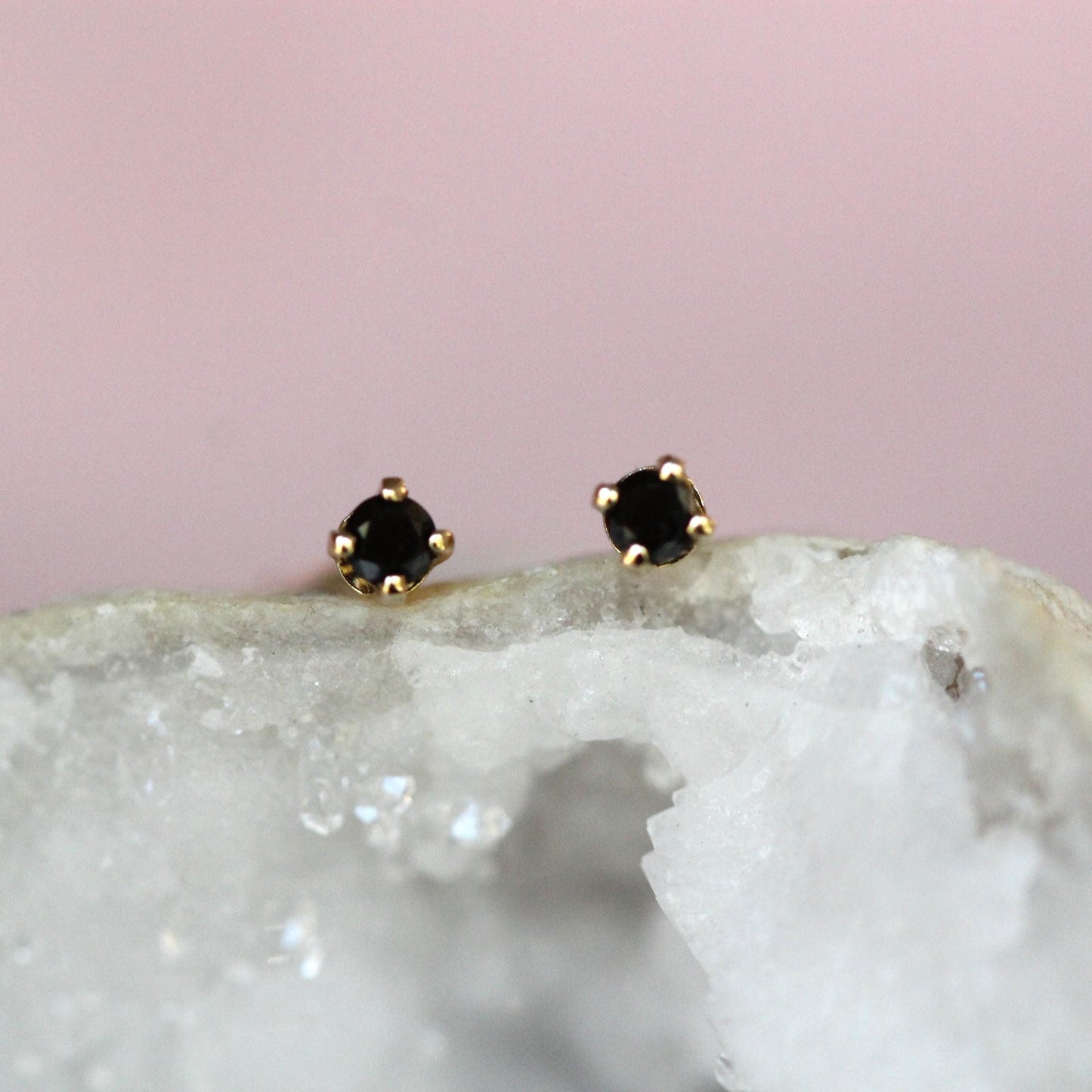 14K Gold Tiny Black Diamond Studs, Black Diamond, Black Stone, Tiny Earrings, Solid Gold, Gold Stud, Real Gold, Post Studs. Four Prong