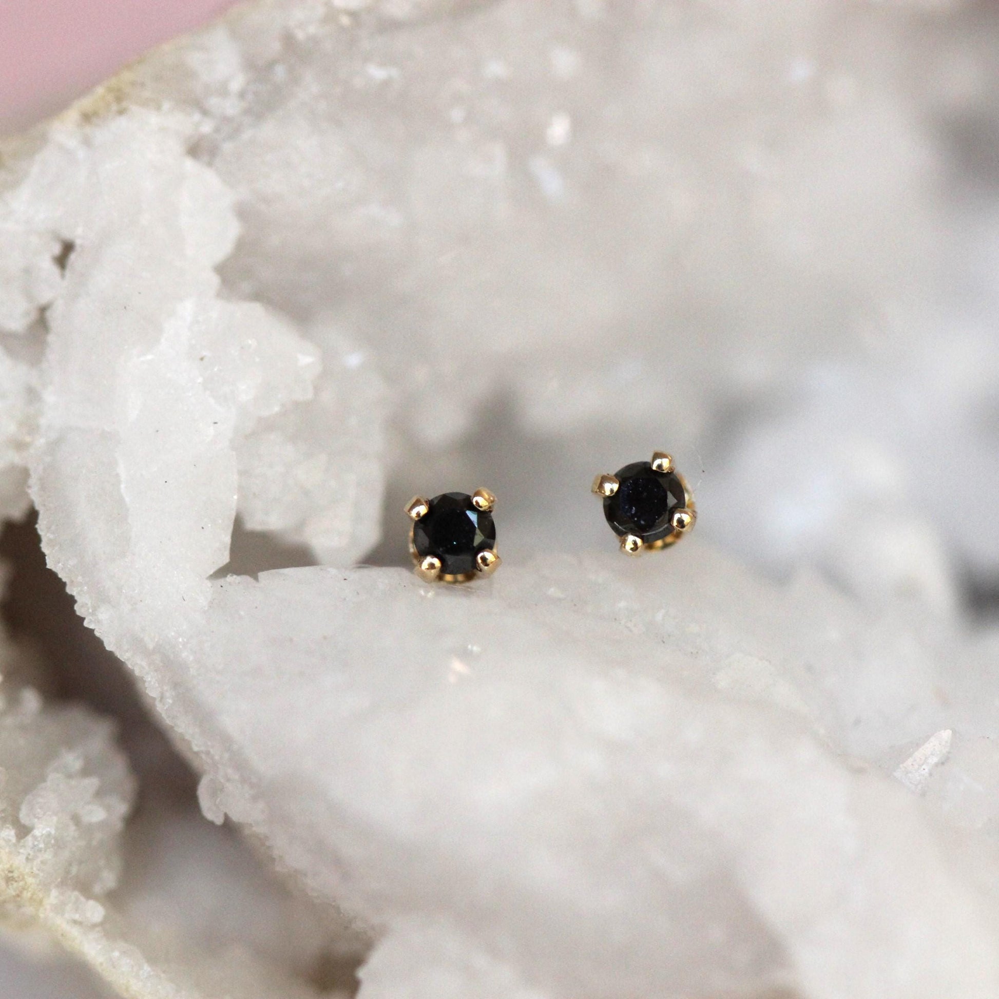 14K Gold Tiny Black Diamond Studs, Black Diamond, Black Stone, Tiny Earrings, Solid Gold, Gold Stud, Real Gold, Post Studs. Four Prong