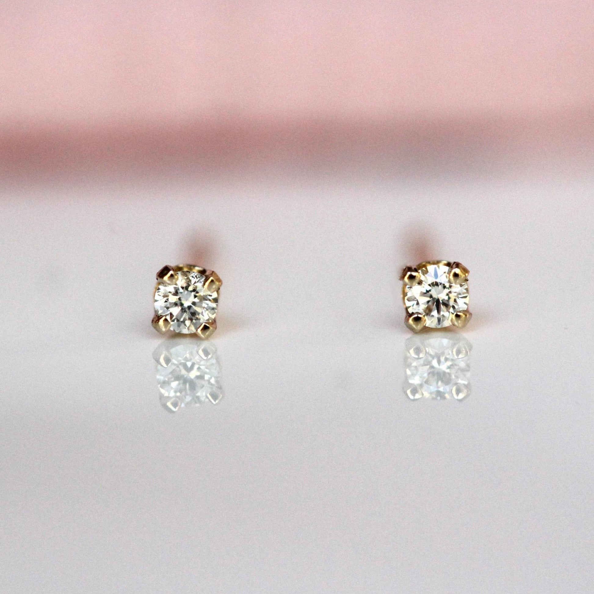 14K Gold Tiny Diamond Studs, Diamond Studs, Second Hole Studs, Dainty Studs, Solid Gold, Real Gold, Four Prong Stud, Minimal Jewelry