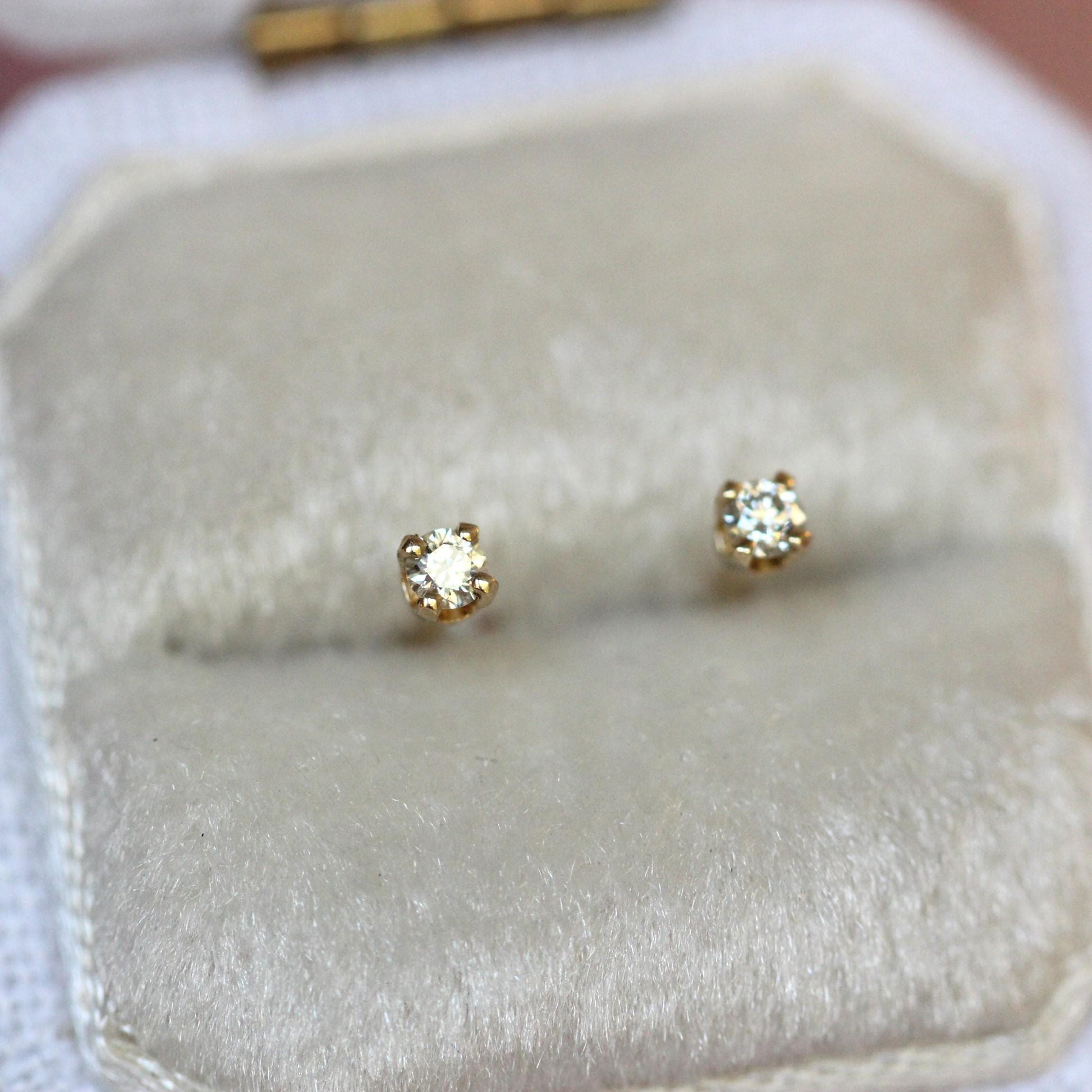 14K Gold Tiny Diamond Studs, Diamond Studs, Second Hole Studs, Dainty Studs, Solid Gold, Real Gold, Four Prong Stud, Minimal Jewelry