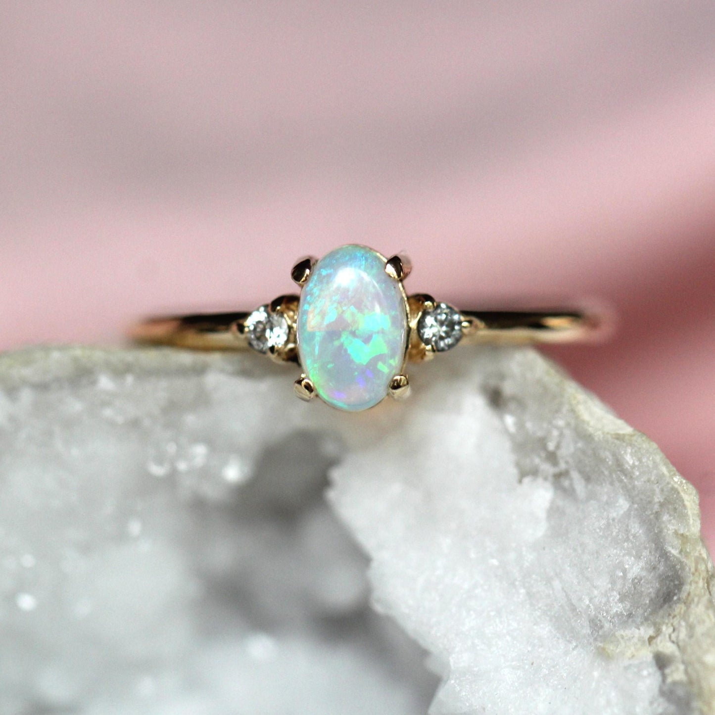 14K Gold Opal Diamond Ring, Three Stone Ring, Multicolor Stone, 10K Australian Opal, October Birthstone, Oval Gemstone, Australian Opal Ring