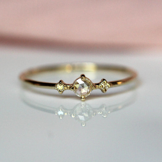 14K Gold Rose Cut Diamond Ring, "Moonlight Drive" Ring, Dainty Engagement Ring, Three Stone Ring, Diamond Ring, Minimal Jewelry, Solid Gold