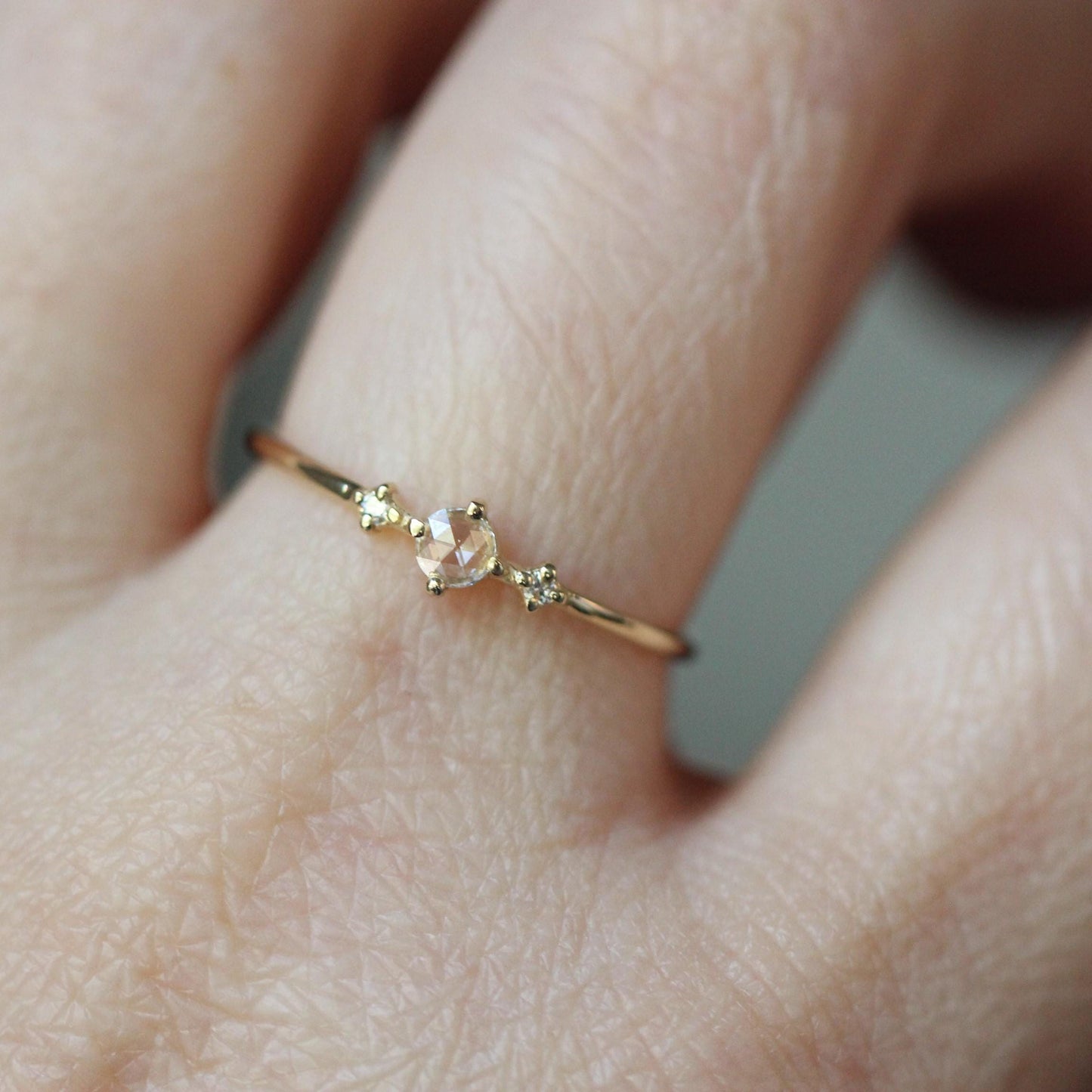 14K Gold Rose Cut Diamond Ring, "Moonlight Drive" Ring, Dainty Engagement Ring, Three Stone Ring, Diamond Ring, Minimal Jewelry, Solid Gold