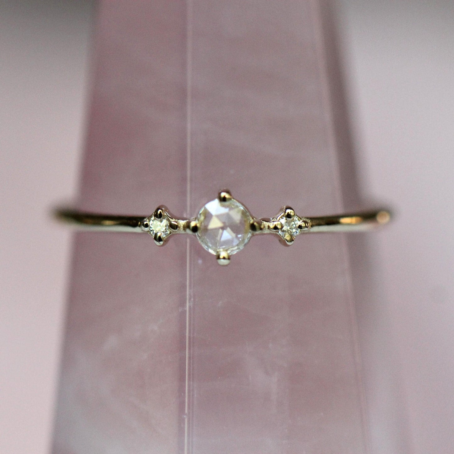 14K Gold Rose Cut Diamond Ring, "Moonlight Drive" Ring, Dainty Engagement Ring, Three Stone Ring, Diamond Ring, Minimal Jewelry, Solid Gold