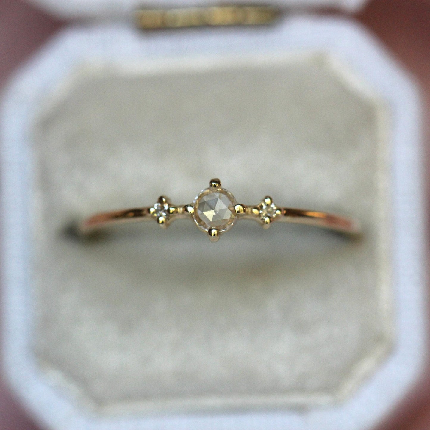 14K Gold Rose Cut Diamond Ring, "Moonlight Drive" Ring, Dainty Engagement Ring, Three Stone Ring, Diamond Ring, Minimal Jewelry, Solid Gold