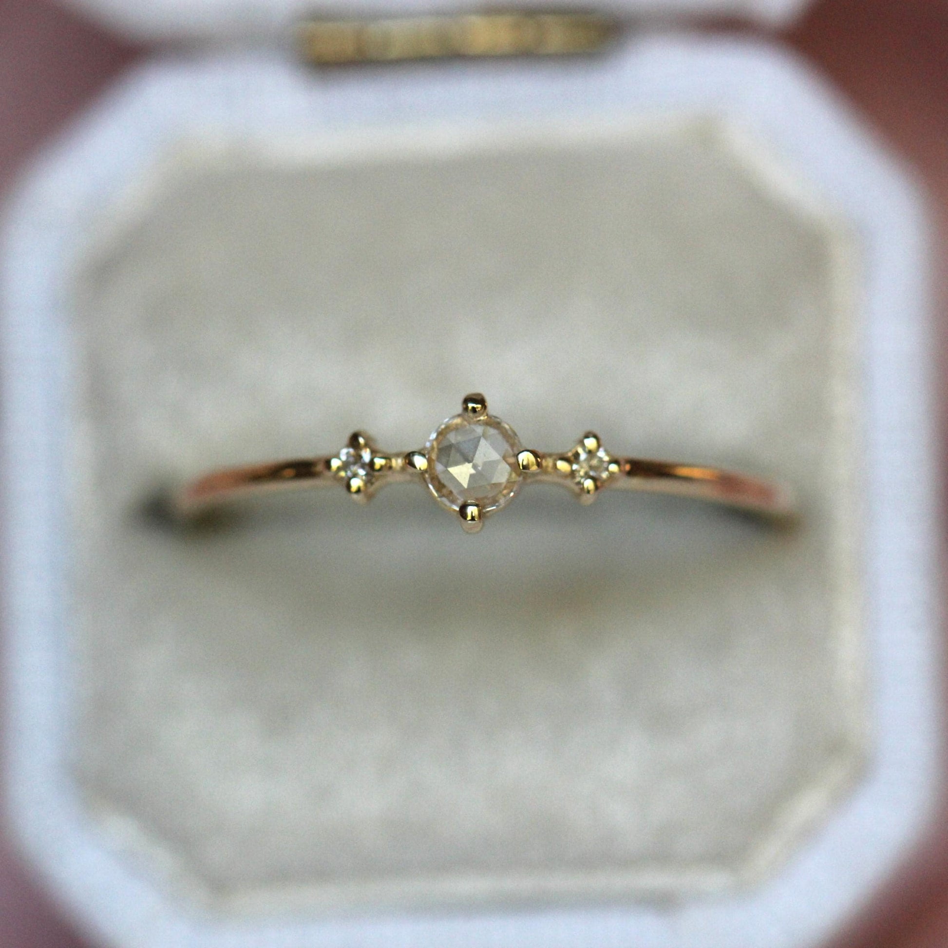 14K Gold Rose Cut Diamond Ring, "Moonlight Drive" Ring, Dainty Engagement Ring, Three Stone Ring, Diamond Ring, Minimal Jewelry, Solid Gold