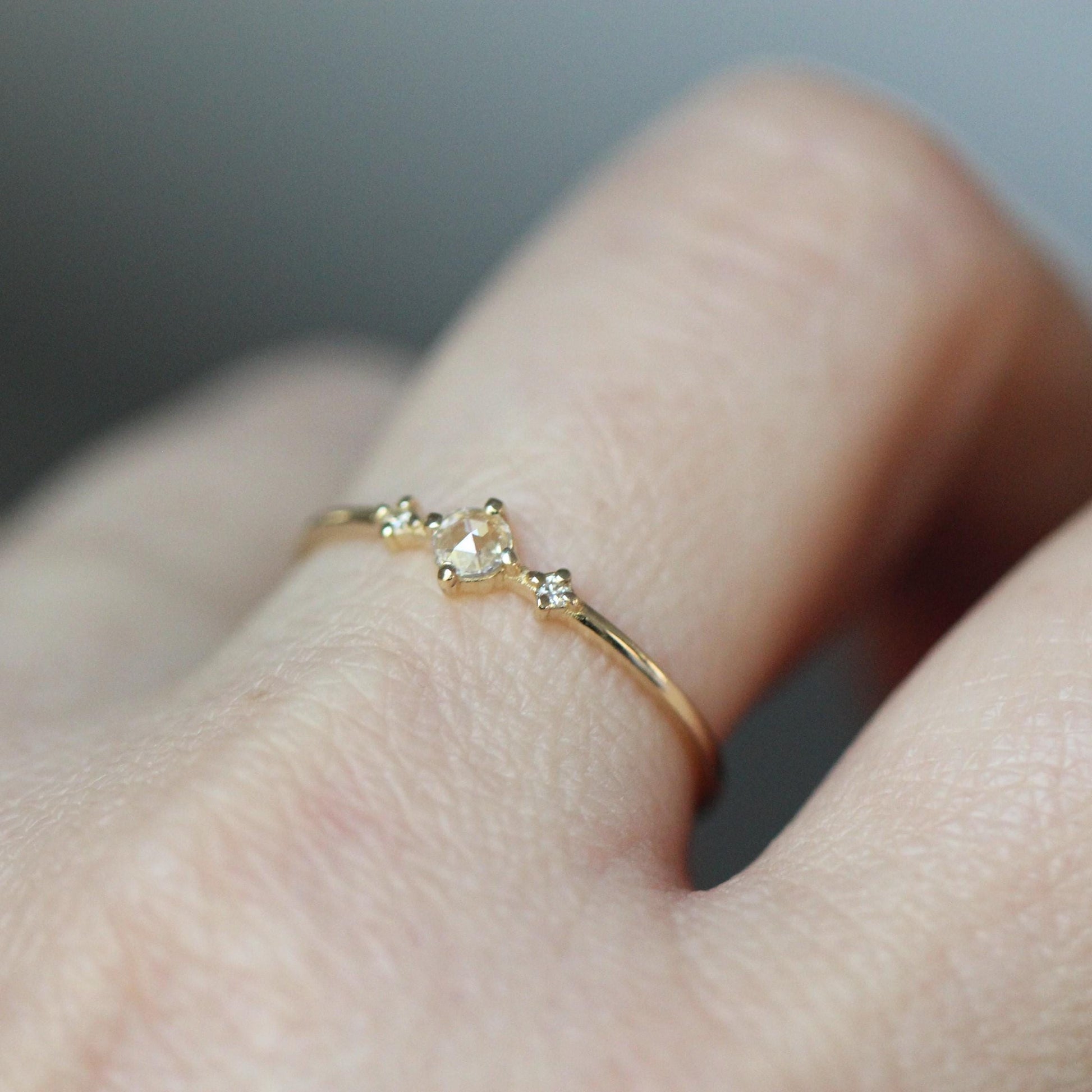 14K Gold Rose Cut Diamond Ring, "Moonlight Drive" Ring, Dainty Engagement Ring, Three Stone Ring, Diamond Ring, Minimal Jewelry, Solid Gold