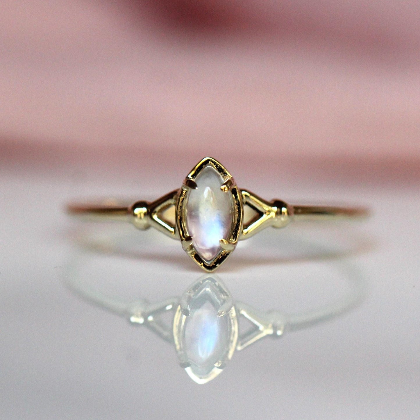 14K Moonstone Split Shank Ring, June Birthstone, Marquise Shape, 10K Gold, Prong Ring, Solitaire Ring, Cabochon Stone, Rainbow Moonstone