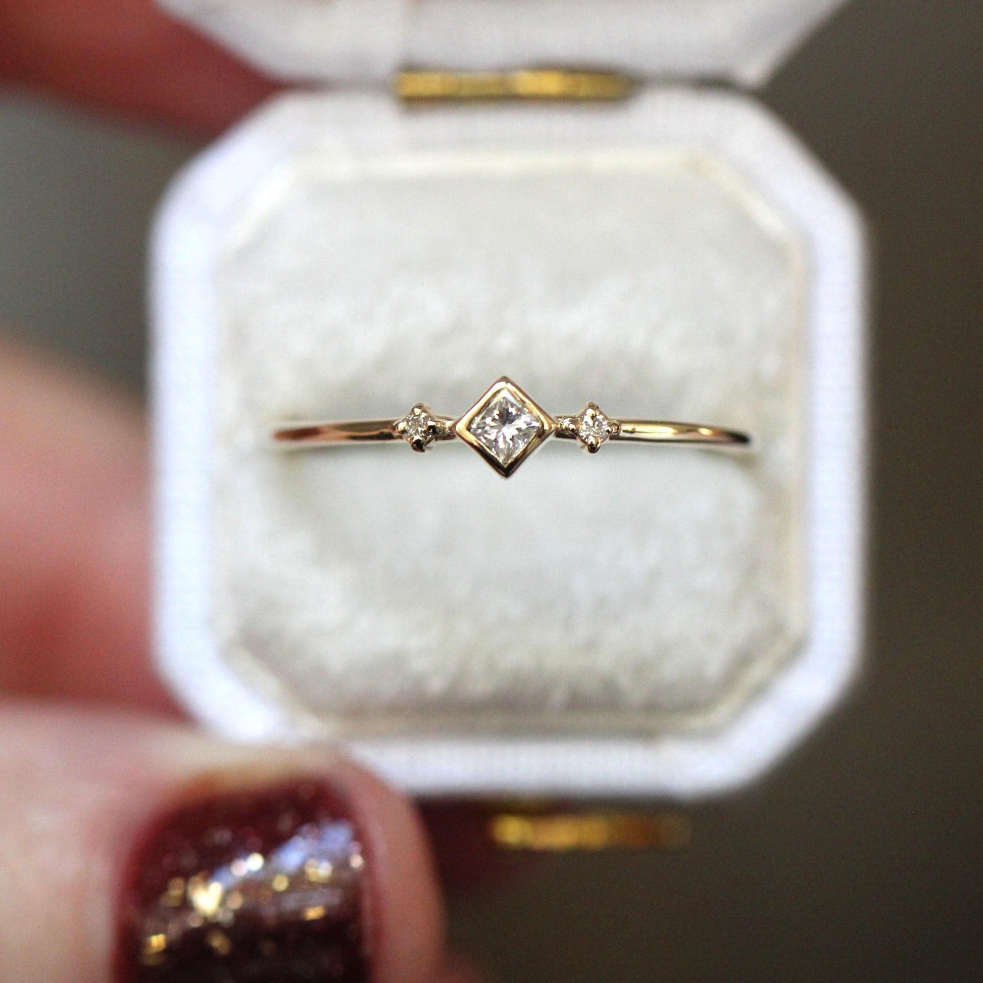 14K Diamond Princess Ring, Square Diamond Ring, Dainty Engagement Ring, Bezel Setting, Simplistic Ring, Three Stone Ring, Princess Cut