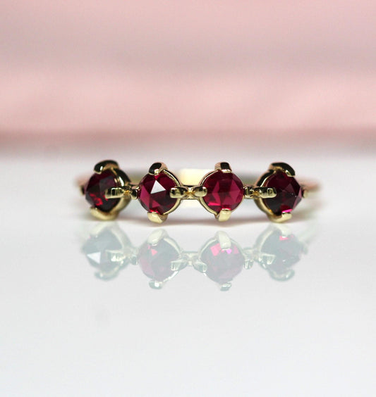 14K Ruby Ring, Red Stone Ring, 10K Gold Ring, July Birthstone Ring, Rose-cut Stone, Four Stone Ring, Minimal Jewelry, Cabochon, Solid Gold
