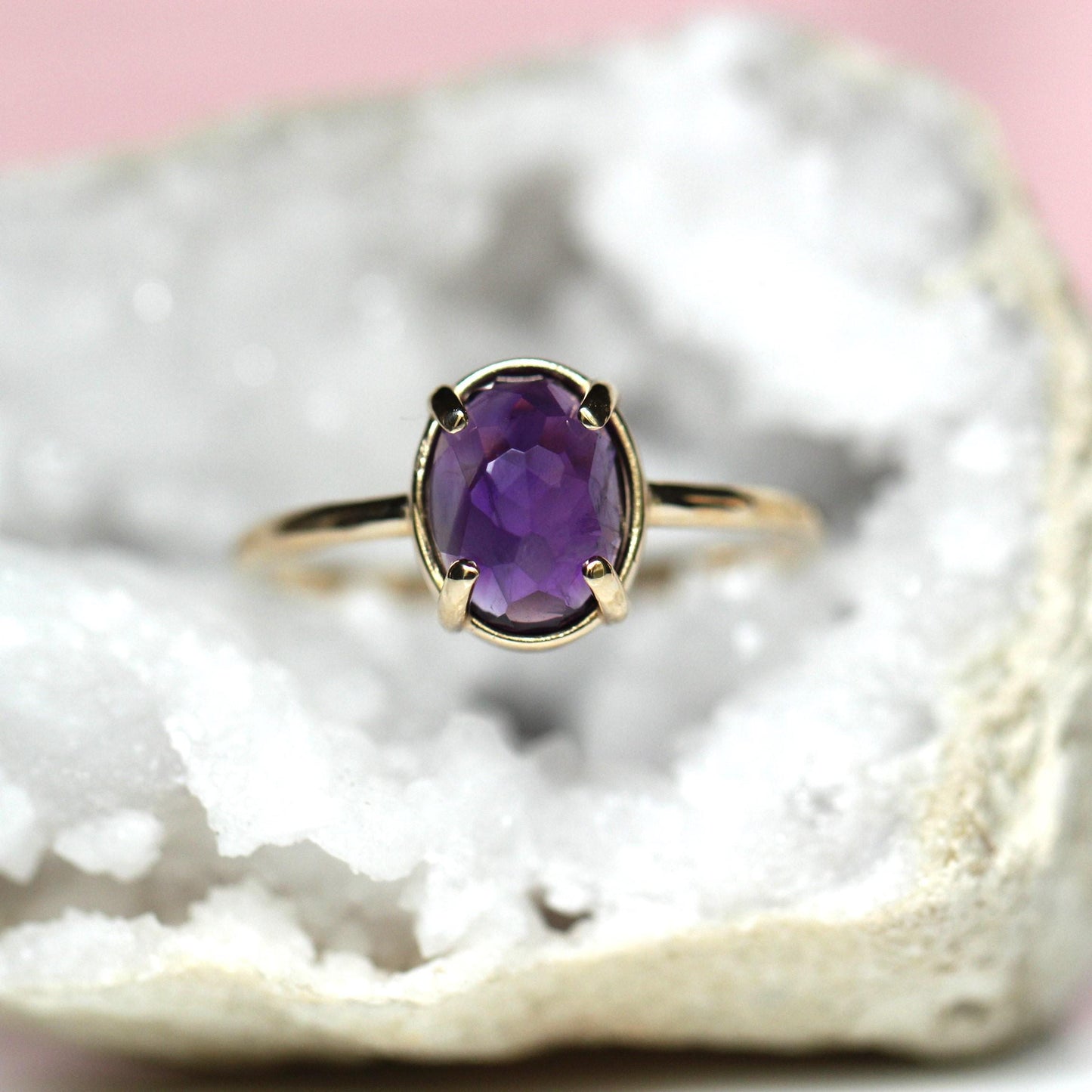 14K Gold Amethyst Statement Ring, Rose-cut Oval Stone Ring, Purple Stone Ring, Solitaire Ring, Gemstone Stone, February Birthstone, 10K Gold