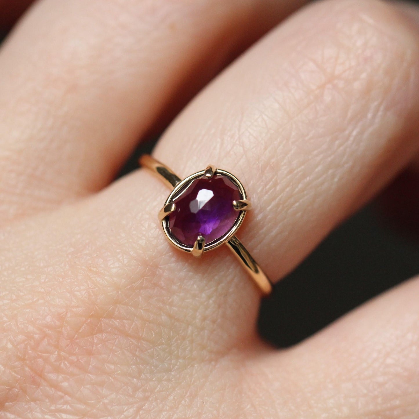 14K Gold Amethyst Statement Ring, Rose-cut Oval Stone Ring, Purple Stone Ring, Solitaire Ring, Gemstone Stone, February Birthstone, 10K Gold