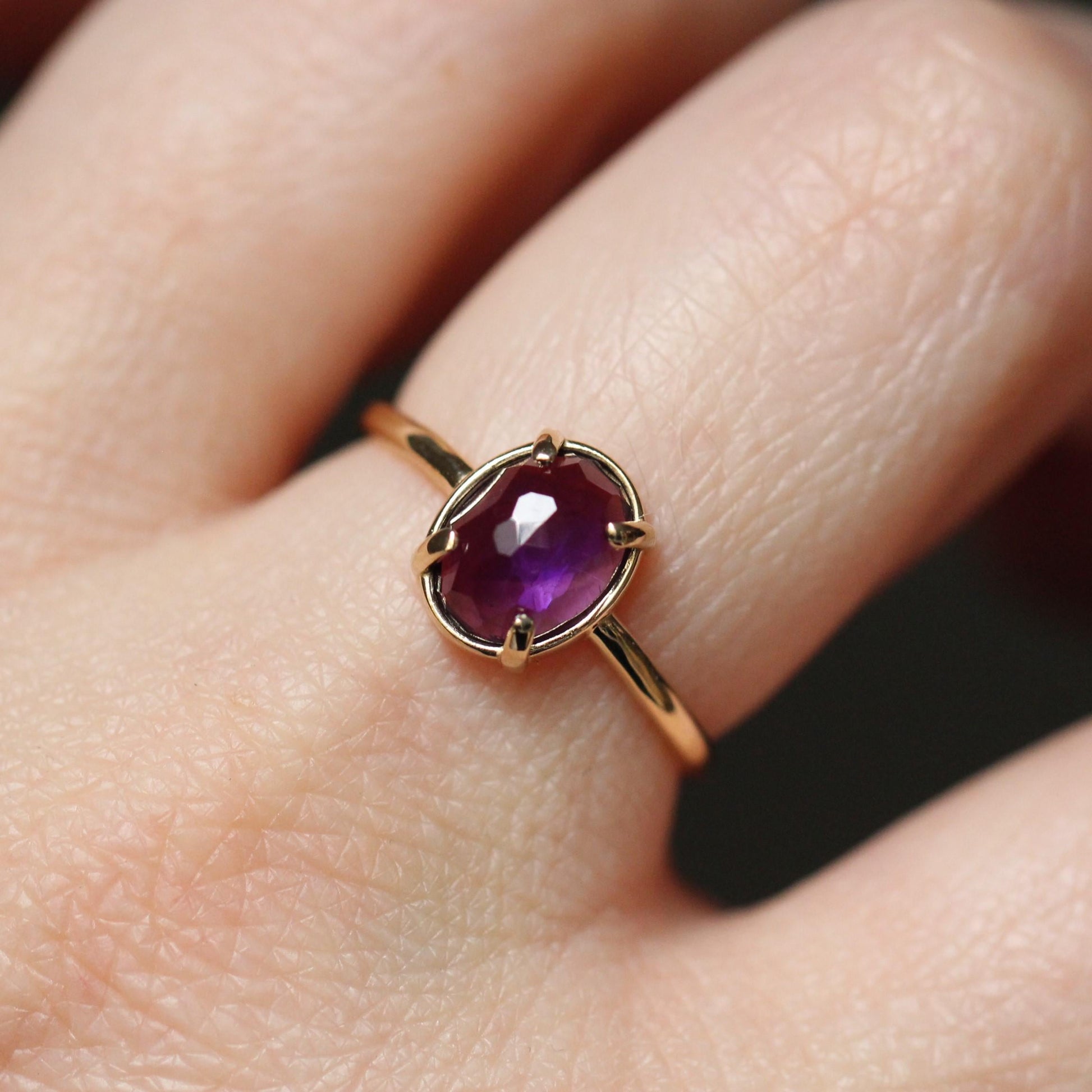 14K Gold Amethyst Statement Ring, Rose-cut Oval Stone Ring, Purple Stone Ring, Solitaire Ring, Gemstone Stone, February Birthstone, 10K Gold